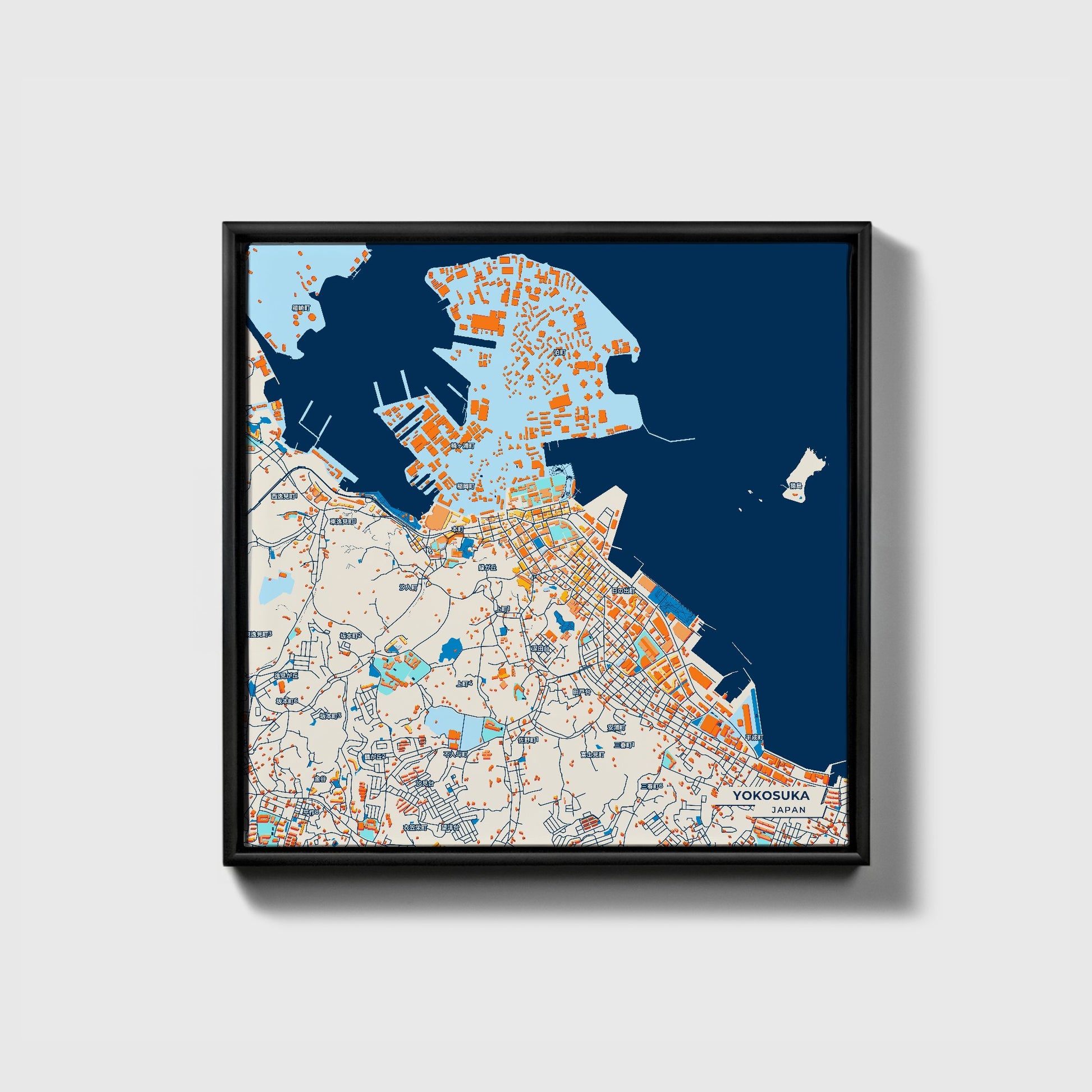 Yokosuka Japan Colorful City Map Canvas Print • Black Framed