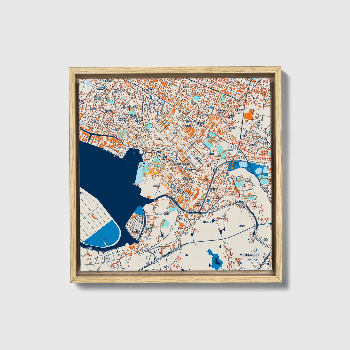 Yonago Japan Colorful City Map Canvas Print • Natural Wooden Framed