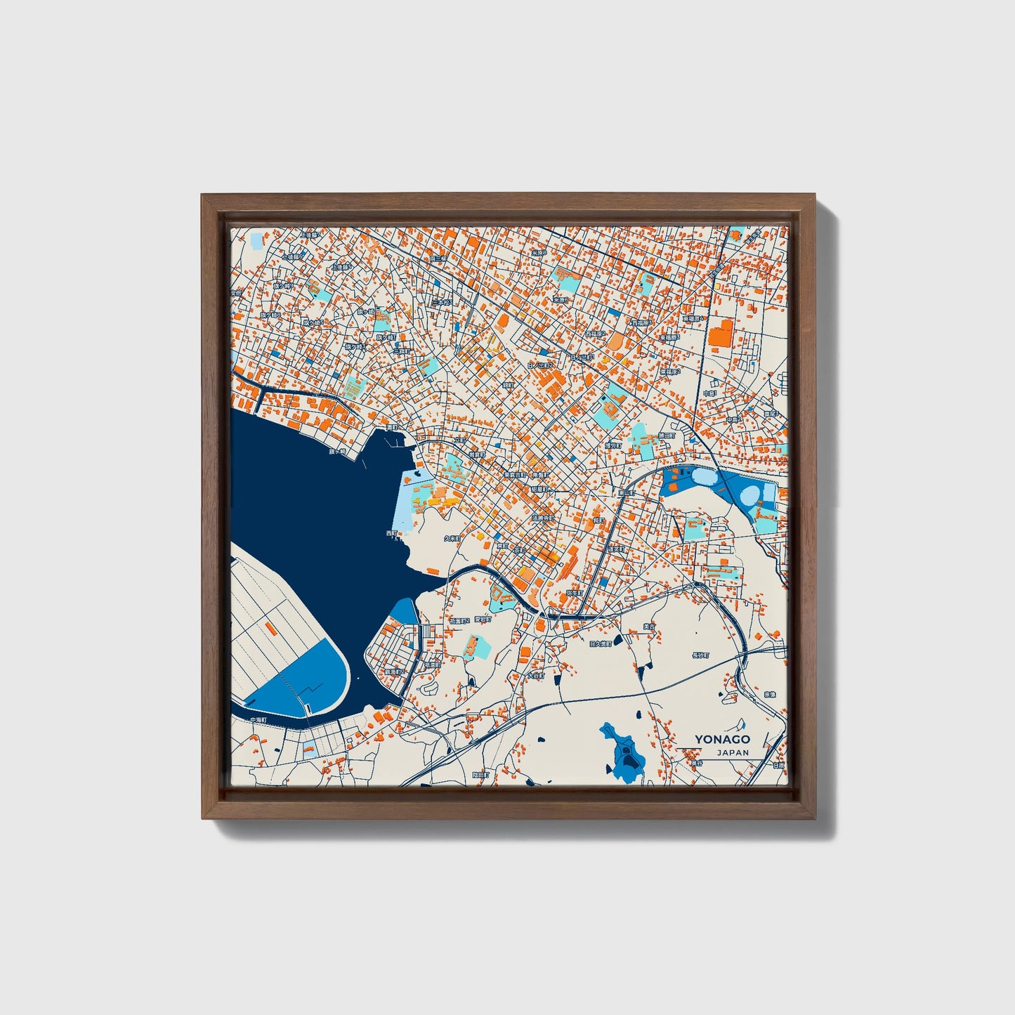Yonago Japan Colorful City Map Canvas Print • Dark Wooden Framed
