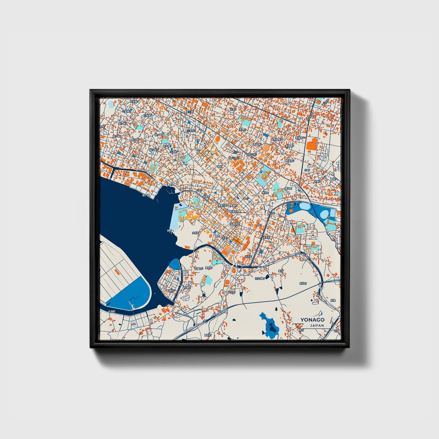 Yonago Japan Colorful City Map Canvas Print • Black Framed