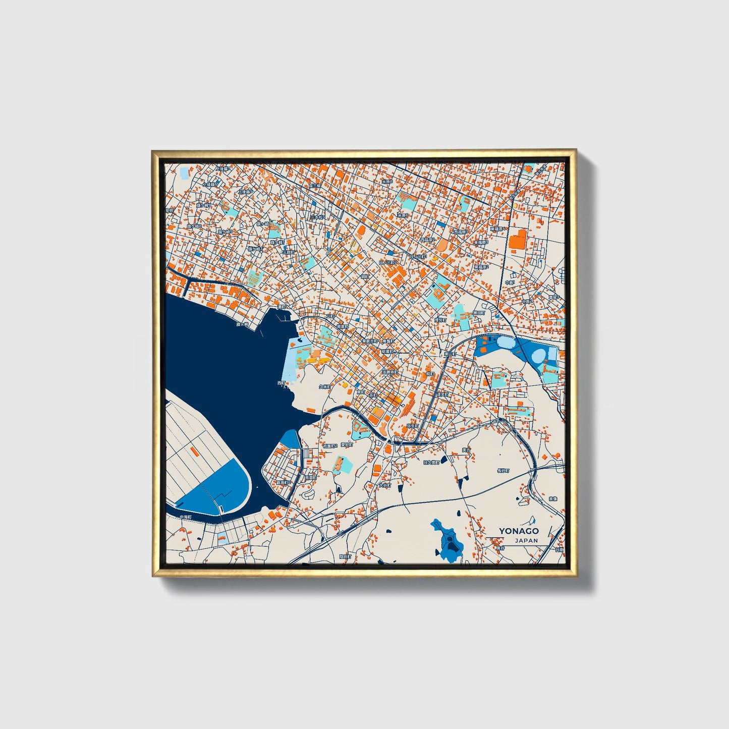 Yonago Japan Colorful City Map Canvas Print • Gold Framed