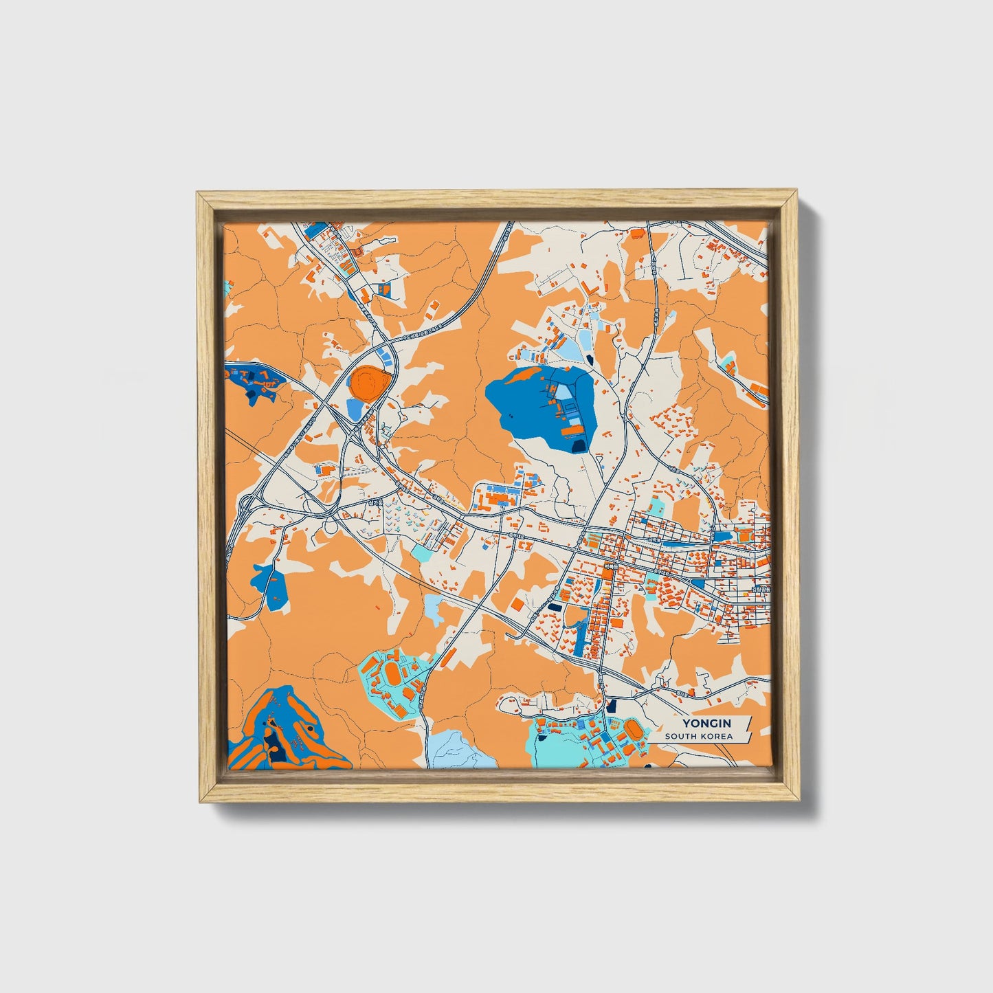 Yongin South Korea Colorful City Map Canvas Print • Natural Wooden Framed