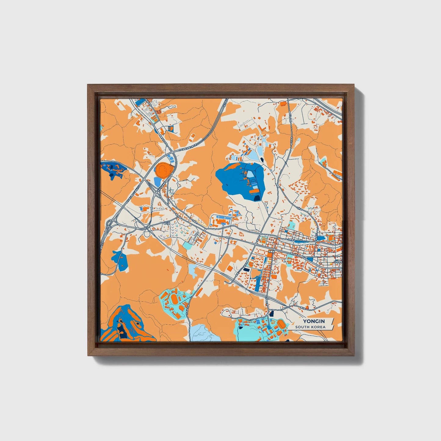 Yongin South Korea Colorful City Map Canvas Print • Dark Wooden Framed