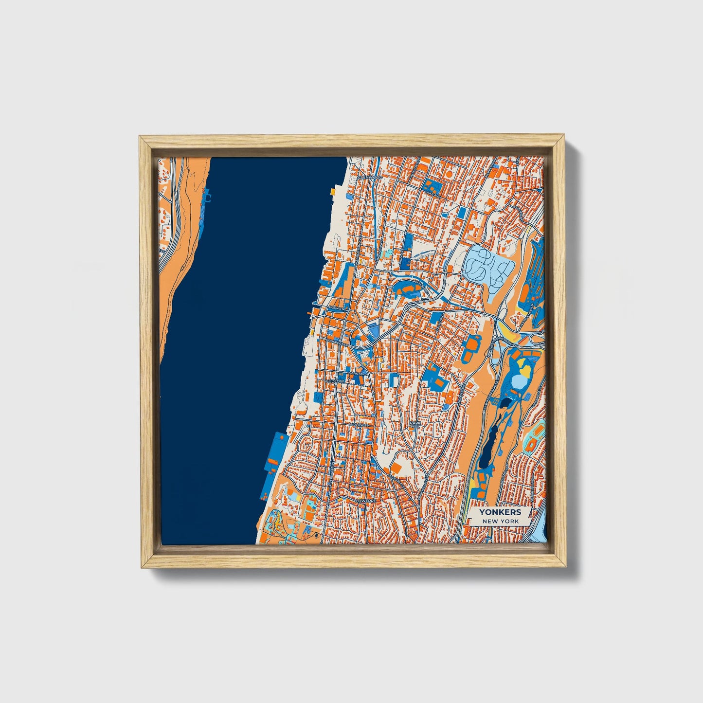 Yonkers New York Colorful City Map Canvas Print • Natural Wooden Framed