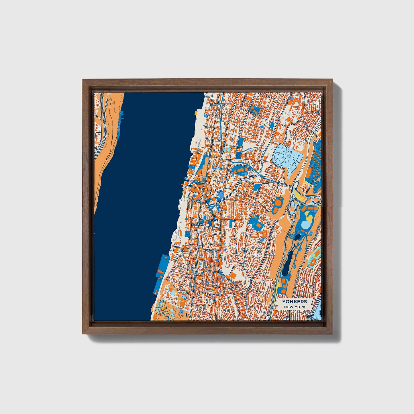 Yonkers New York Colorful City Map Canvas Print • Dark Wooden Framed