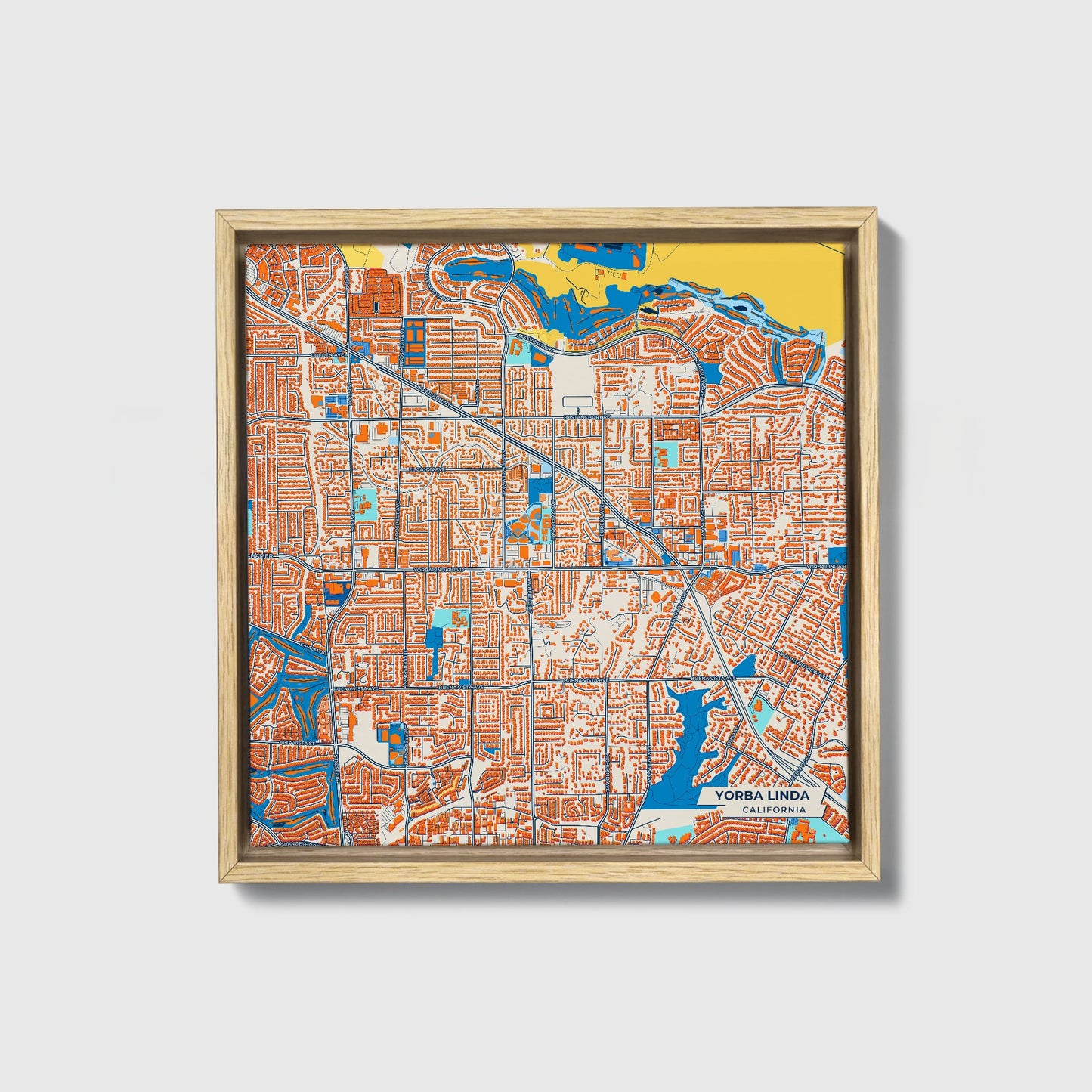 Yorba Linda California Colorful City Map Canvas Print • Natural Wooden Framed