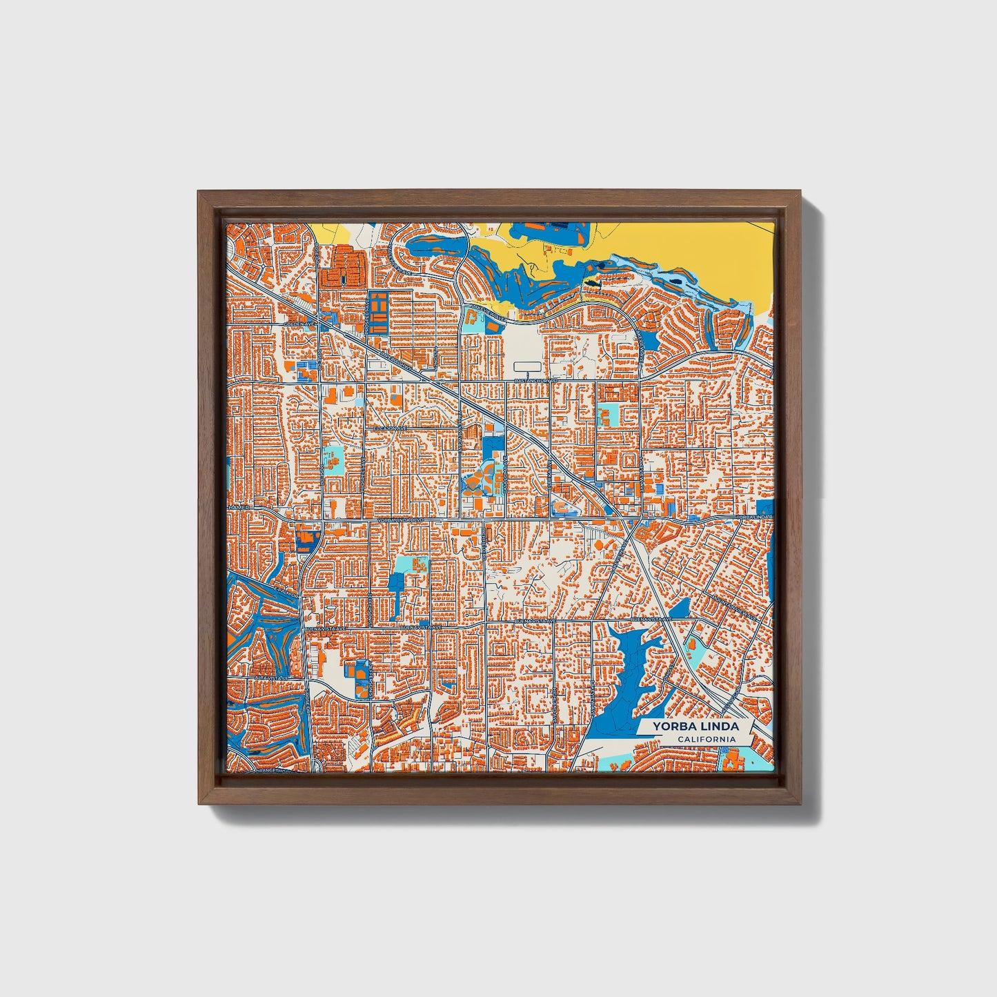 Yorba Linda California Colorful City Map Canvas Print • Dark Wooden Framed