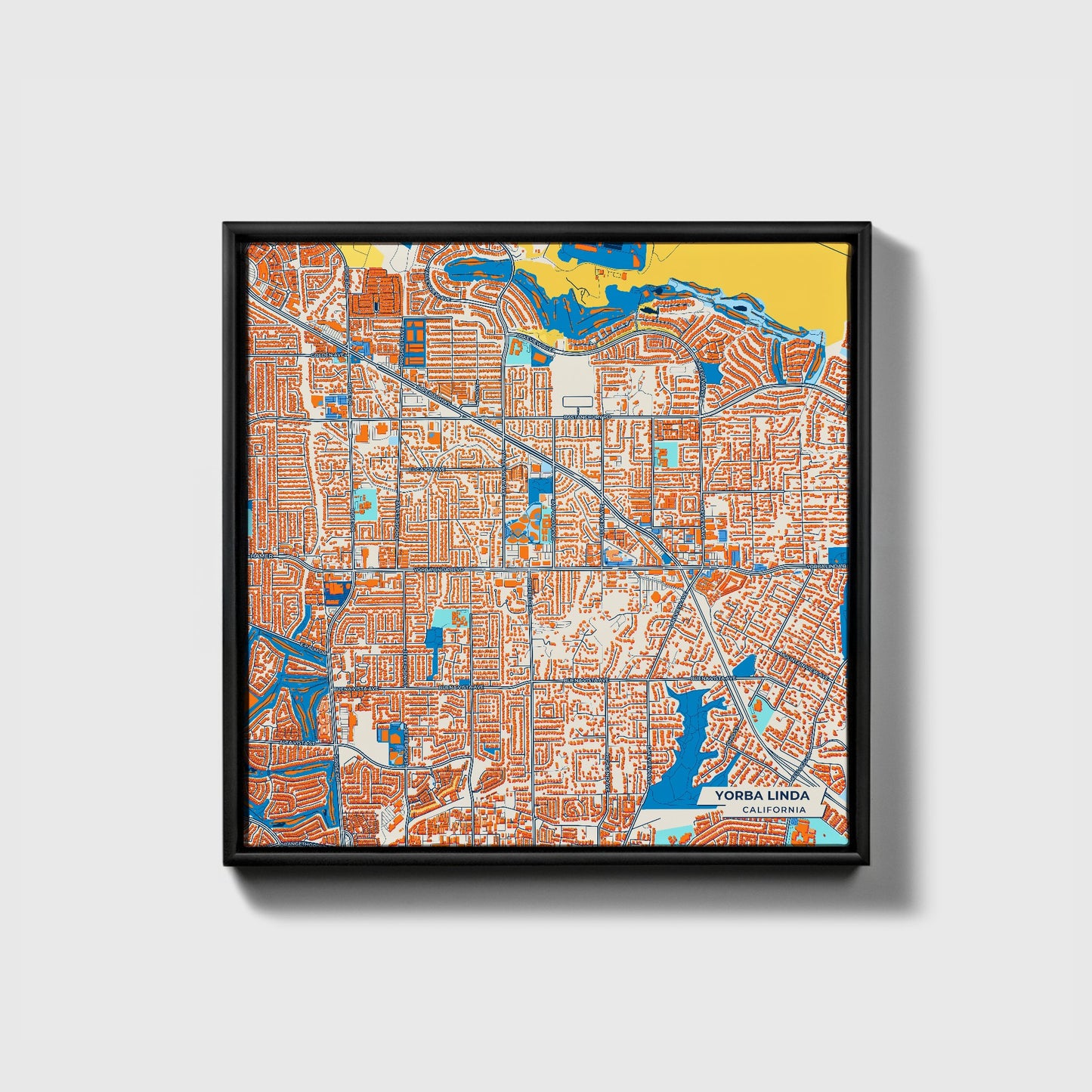 Yorba Linda California Colorful City Map Canvas Print • Black Framed