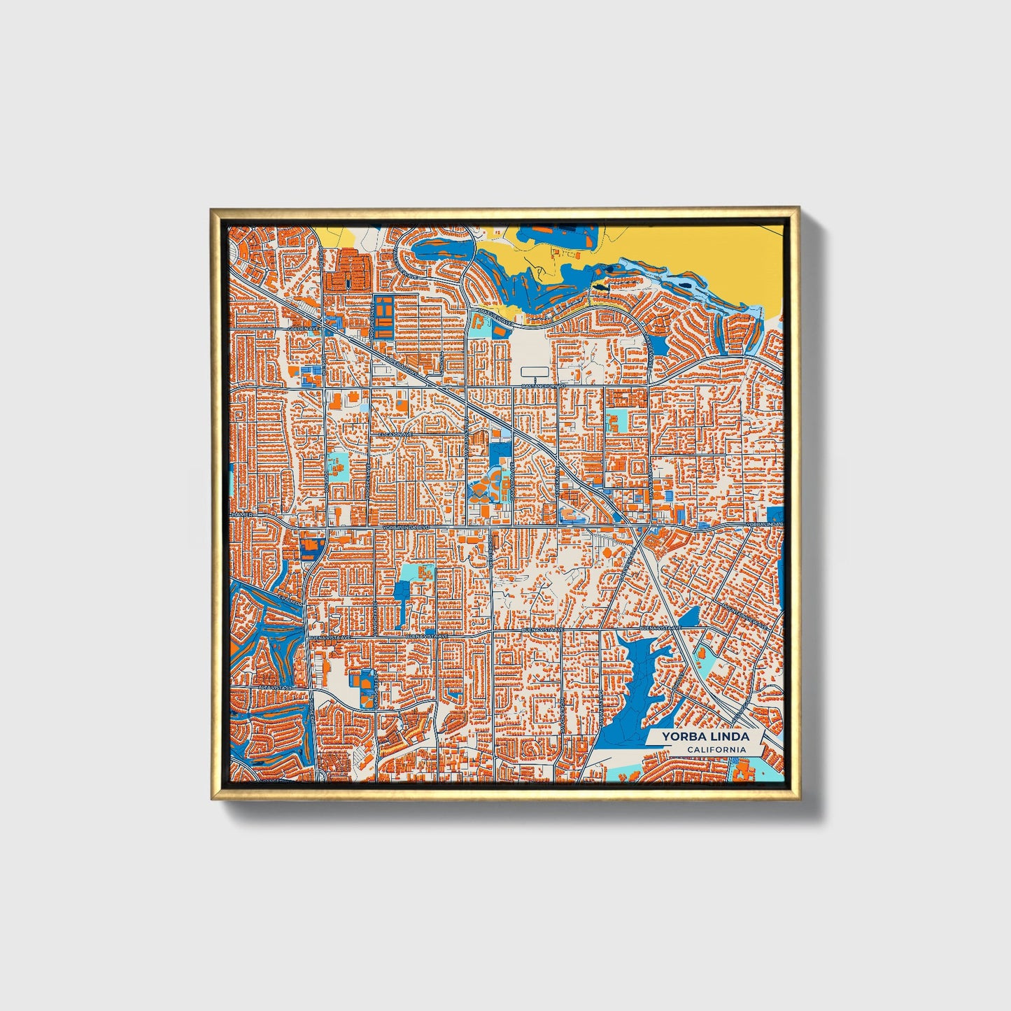 Yorba Linda California Colorful City Map Canvas Print • Gold Framed