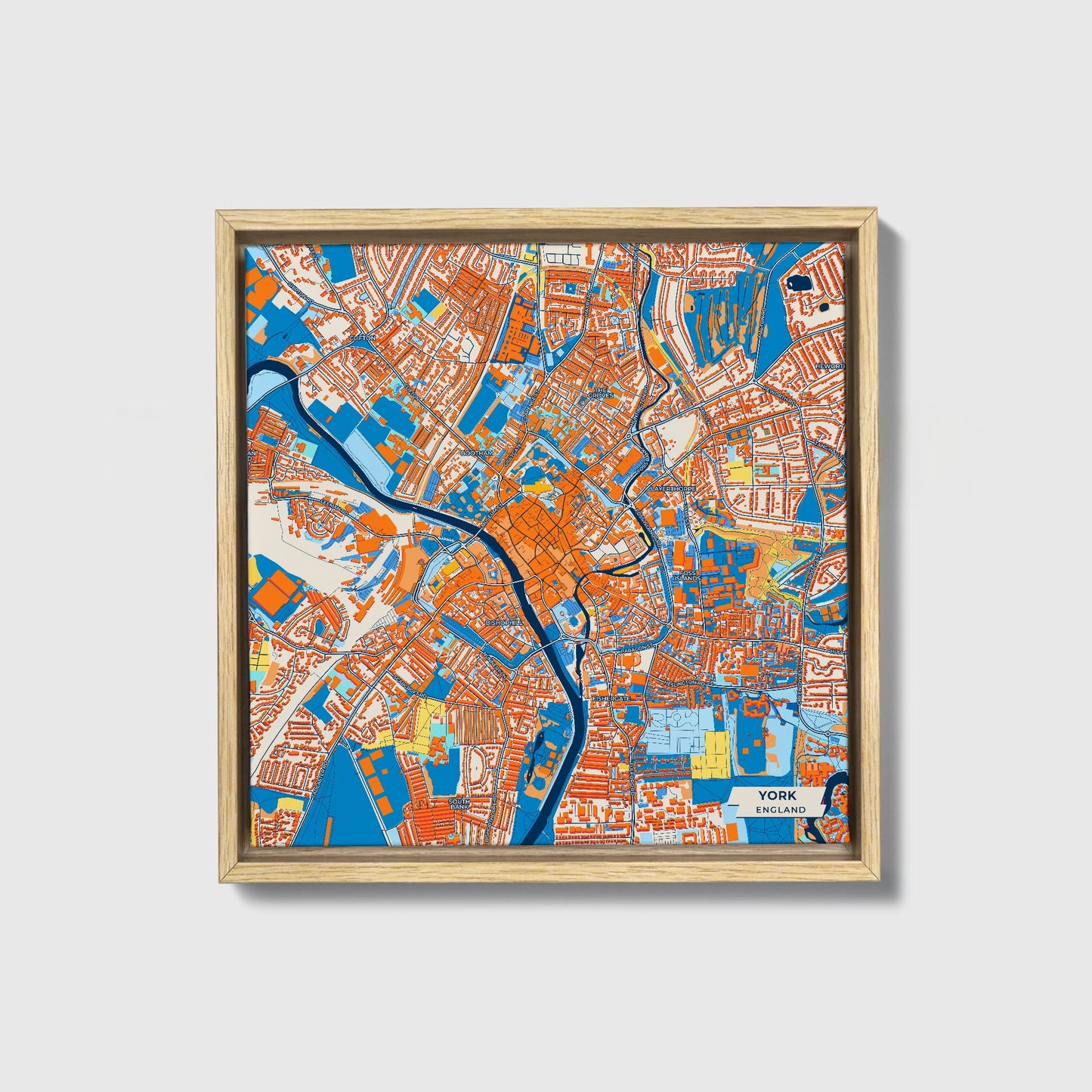 York England Colorful City Map Canvas Print • Natural Wooden Framed