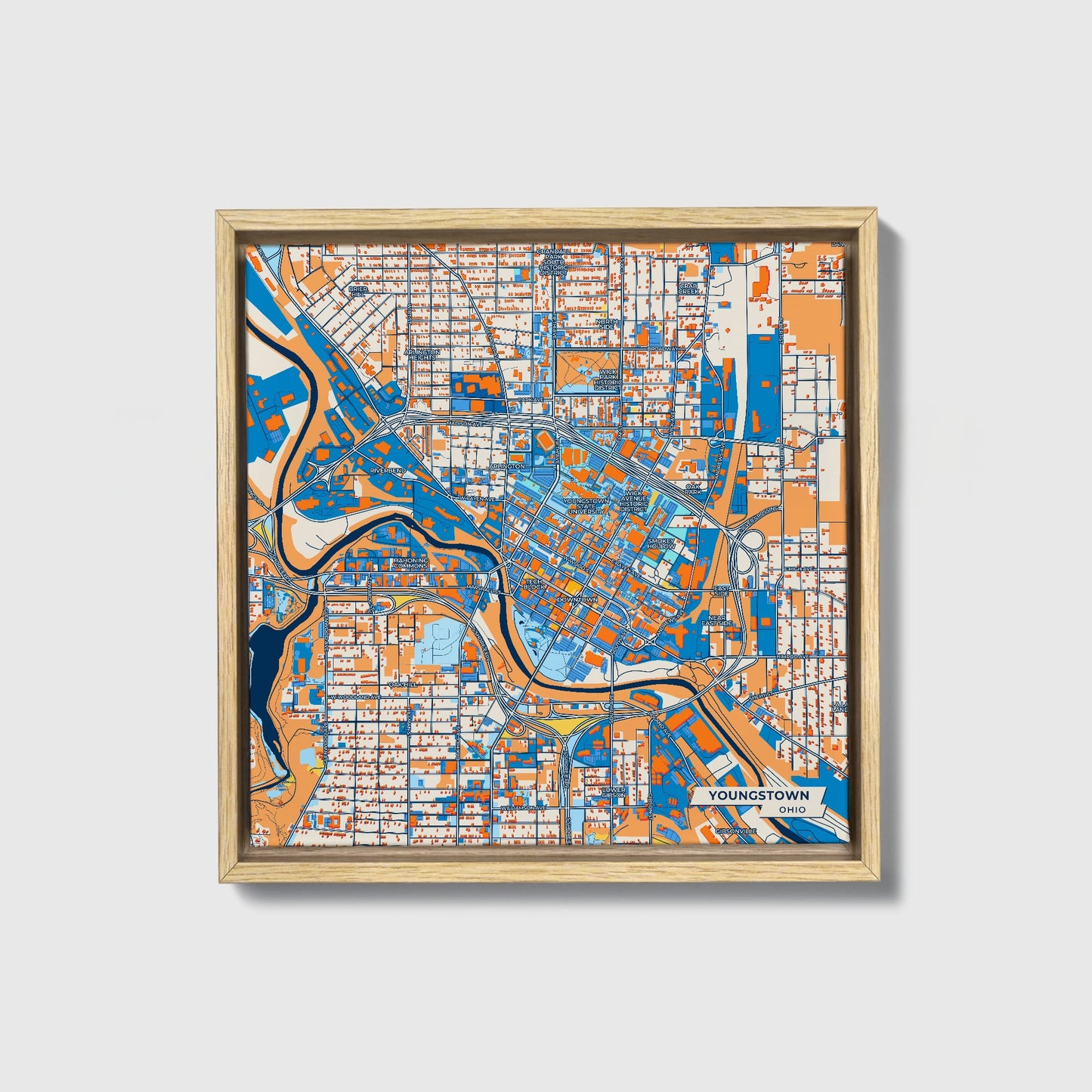 Youngstown Ohio Colorful City Map Canvas Print • Natural Wooden Framed