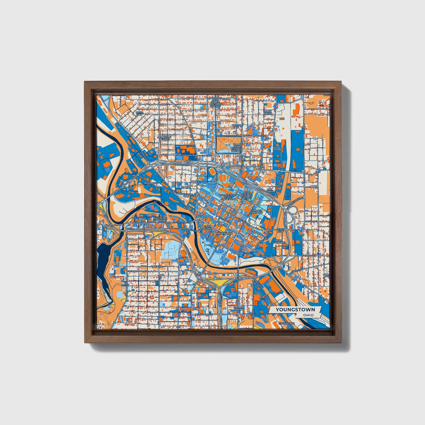 Youngstown Ohio Colorful City Map Canvas Print • Dark Wooden Framed