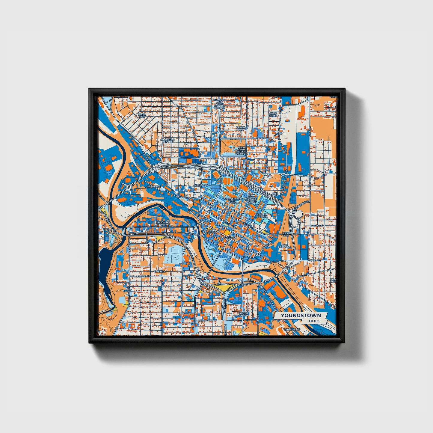 Youngstown Ohio Colorful City Map Canvas Print • Black Framed