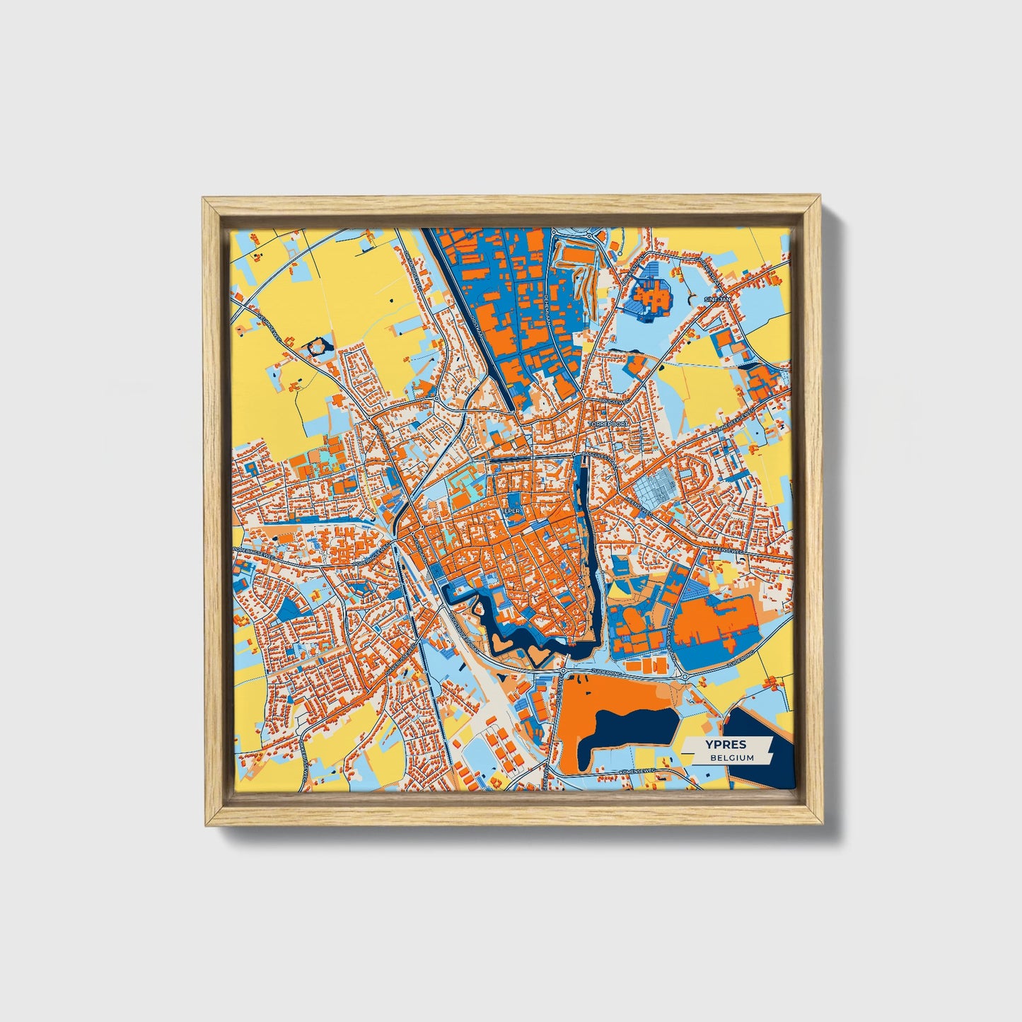 Ypres  Belgium Colorful City Map Canvas Print • Natural Wooden Framed