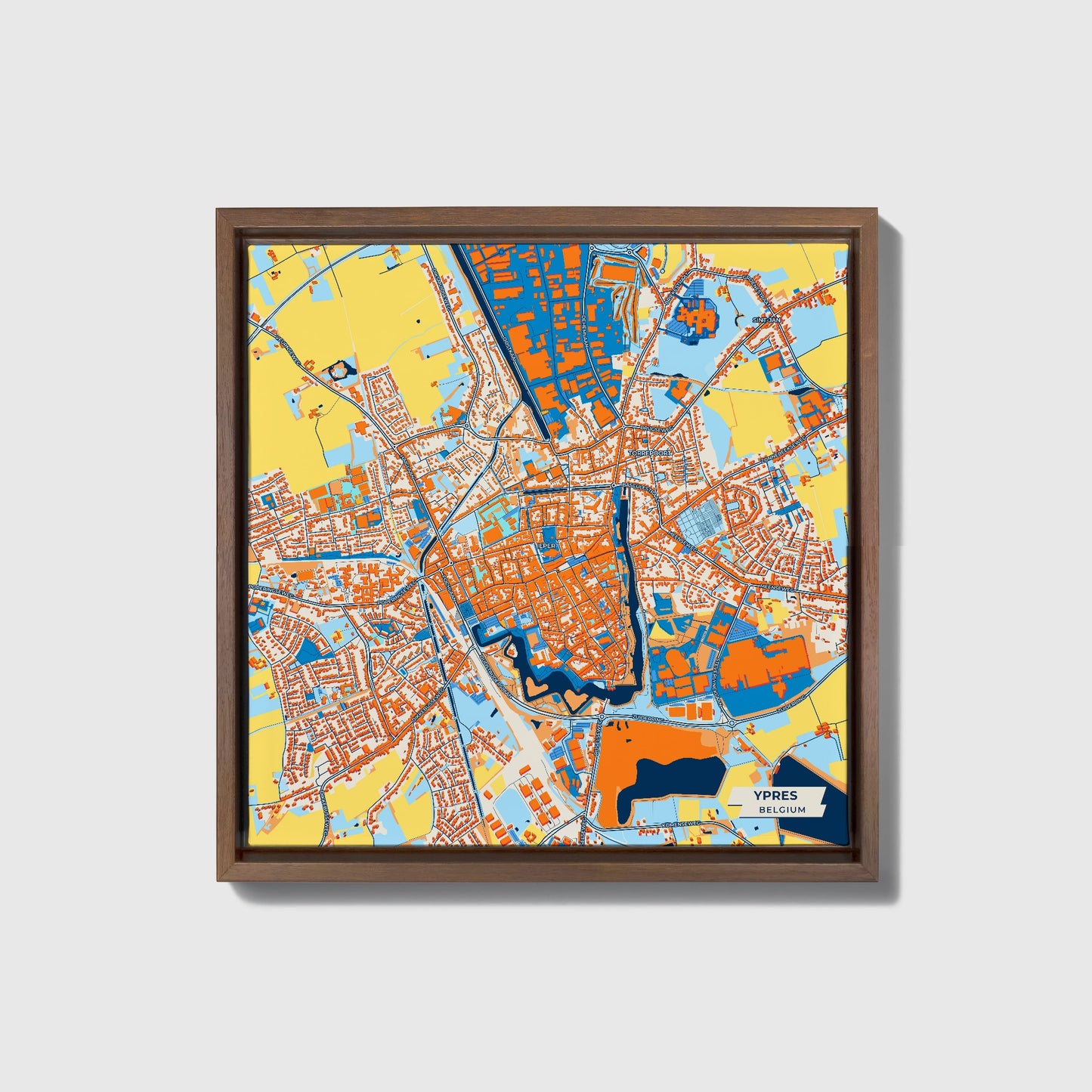 Ypres  Belgium Colorful City Map Canvas Print • Dark Wooden Framed