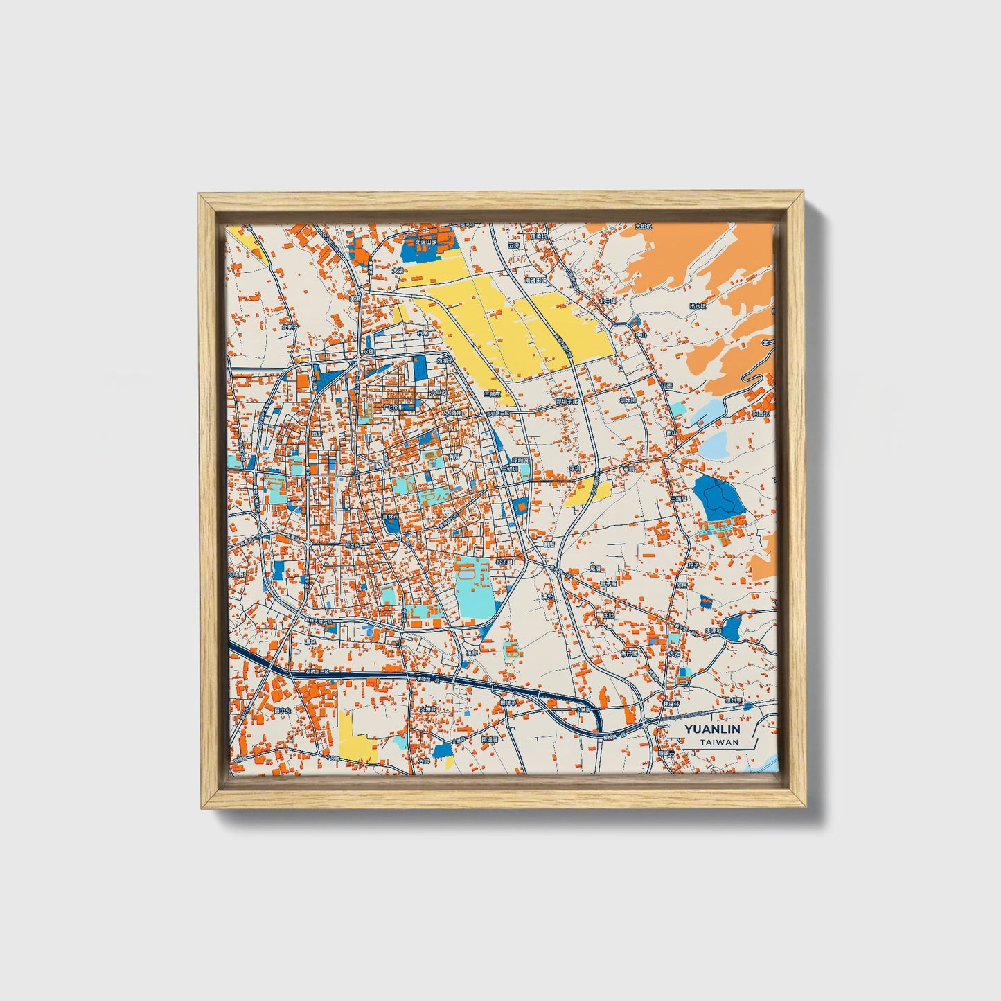 Yuanlin Taiwan Colorful City Map Canvas Print • Natural Wooden Framed