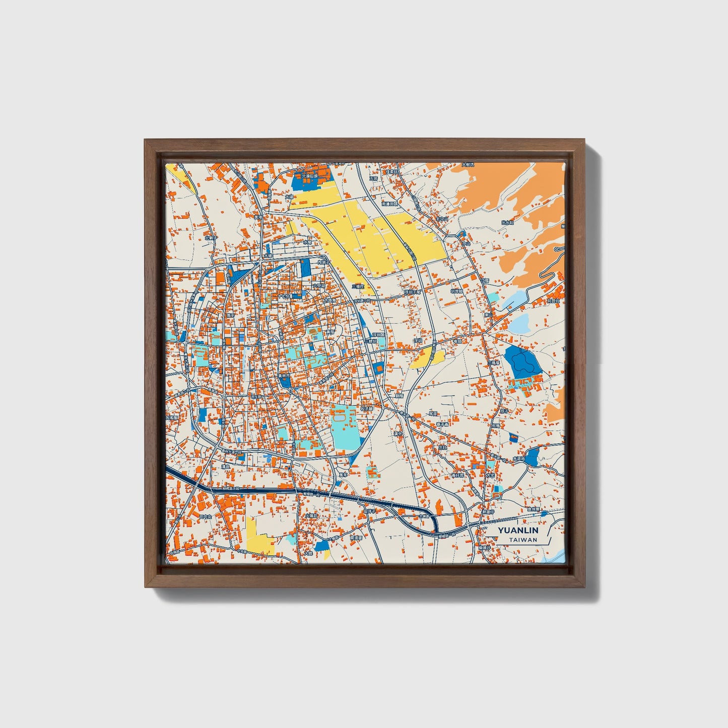 Yuanlin Taiwan Colorful City Map Canvas Print • Dark Wooden Framed