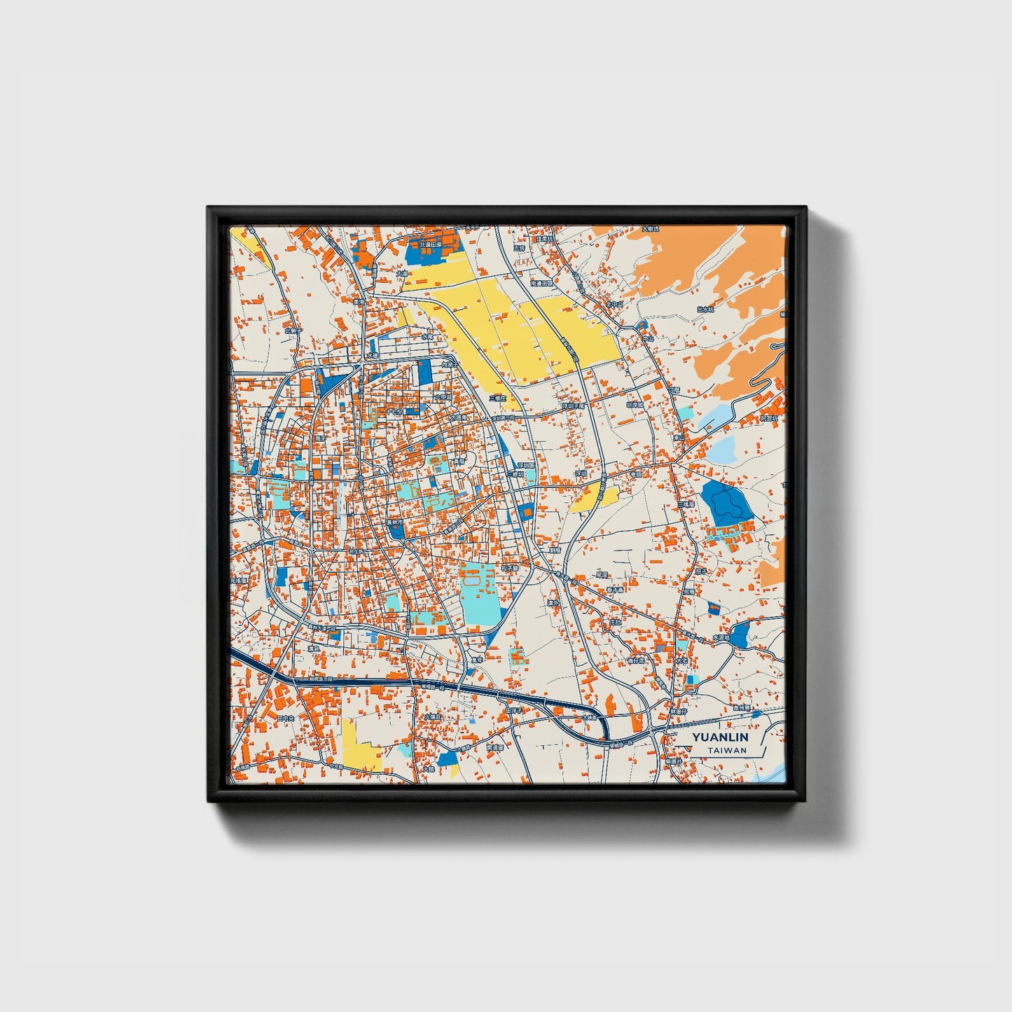 Yuanlin Taiwan Colorful City Map Canvas Print • Black Framed