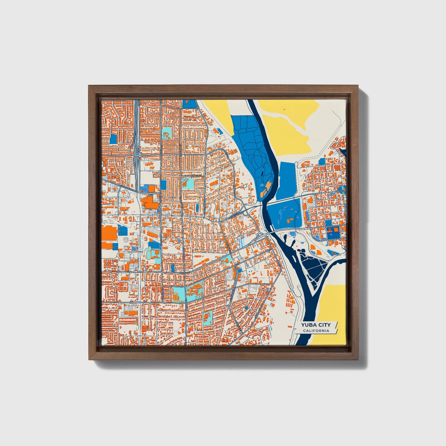 Yuba City California Colorful City Map Canvas Print • Dark Wooden Framed