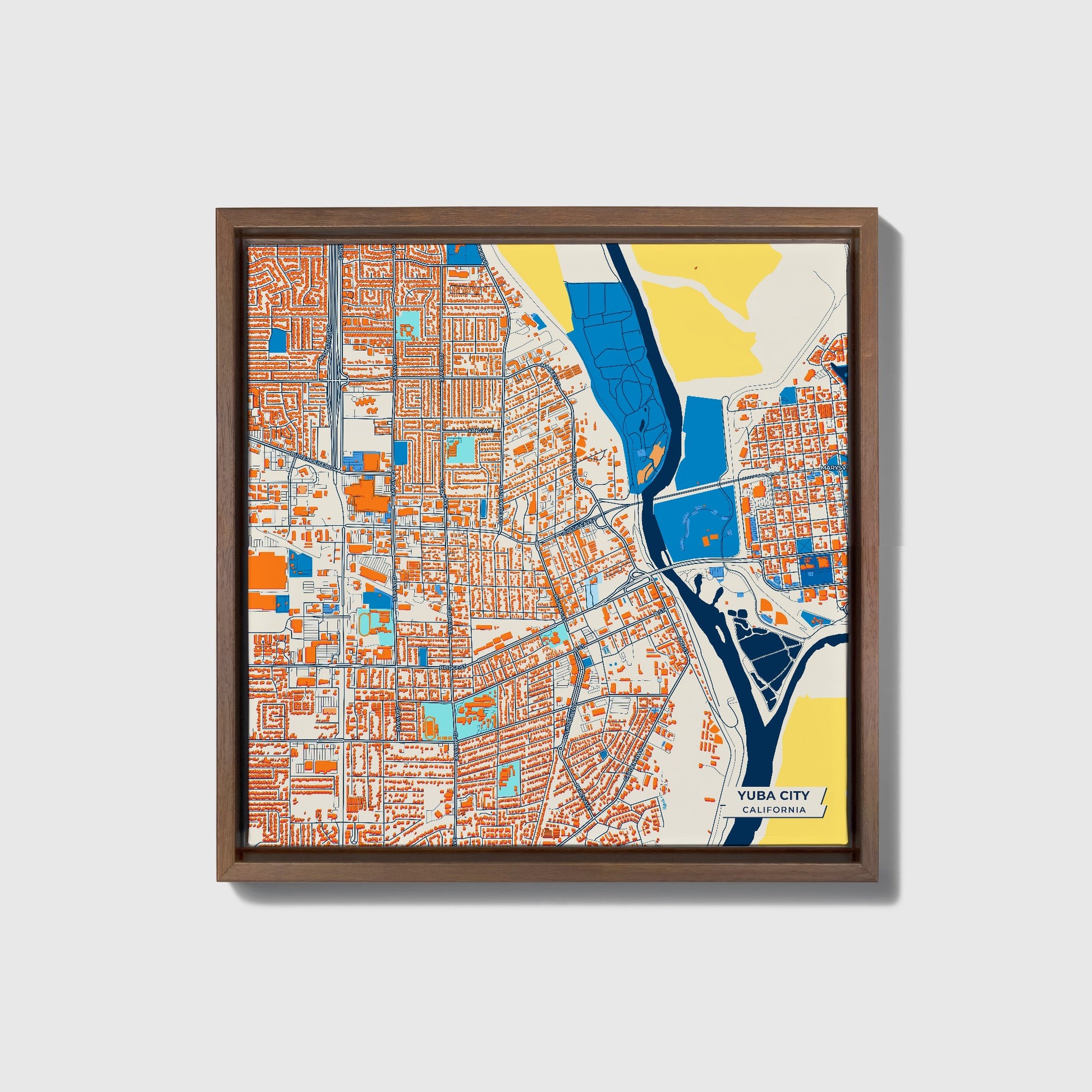 Yuba City California Colorful City Map Canvas Print • Dark Wooden Framed
