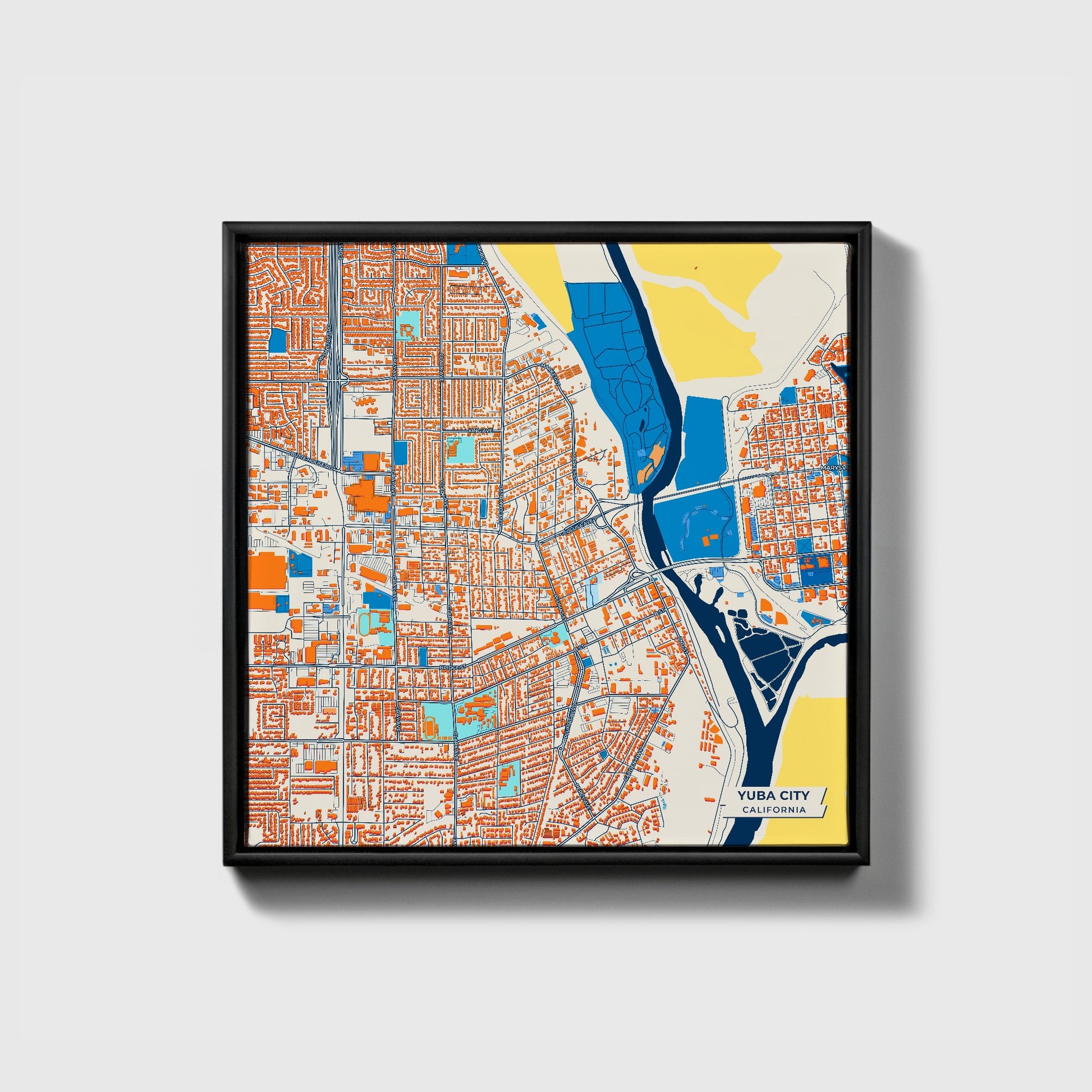 Yuba City California Colorful City Map Canvas Print • Black Framed
