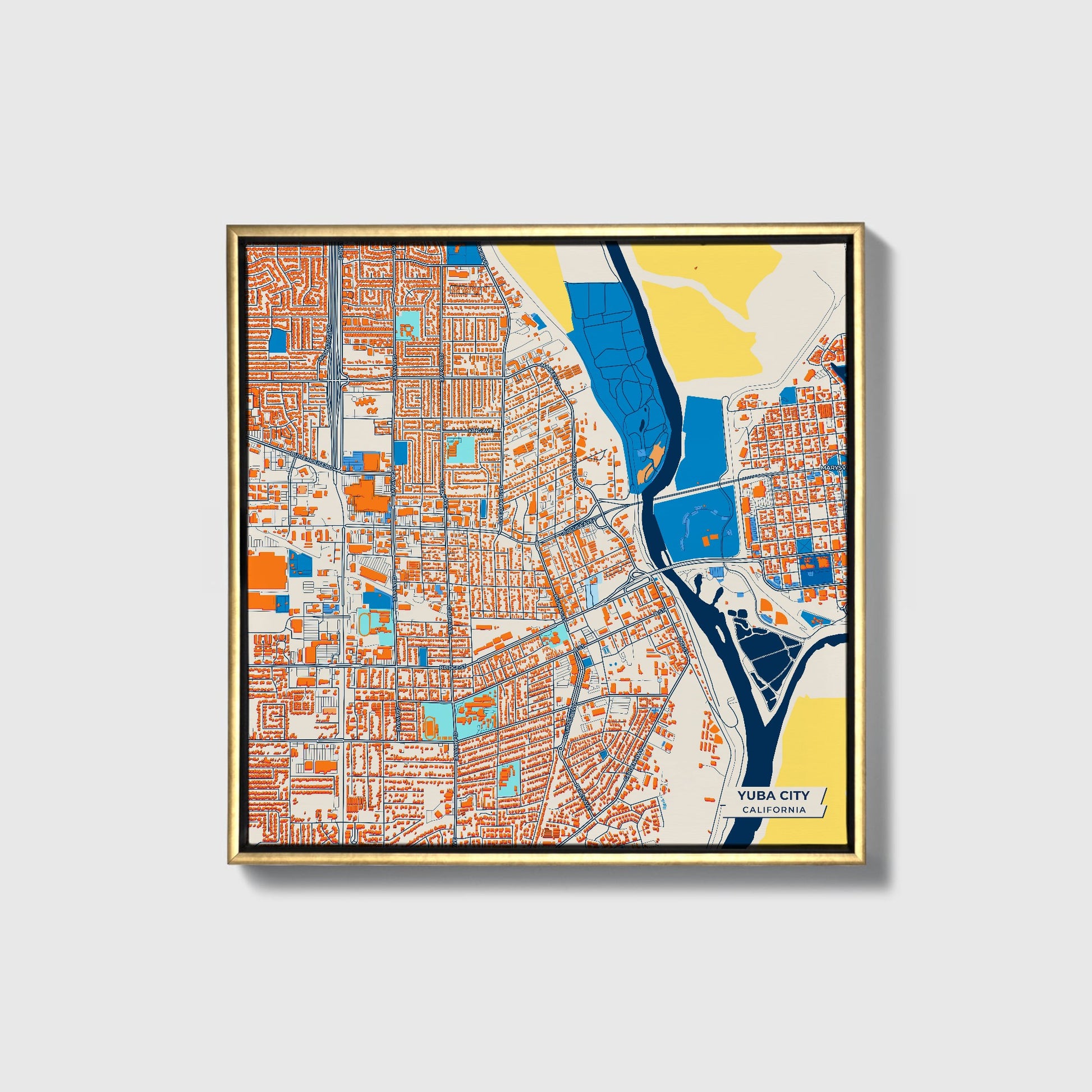 Yuba City California Colorful City Map Canvas Print • Gold Framed