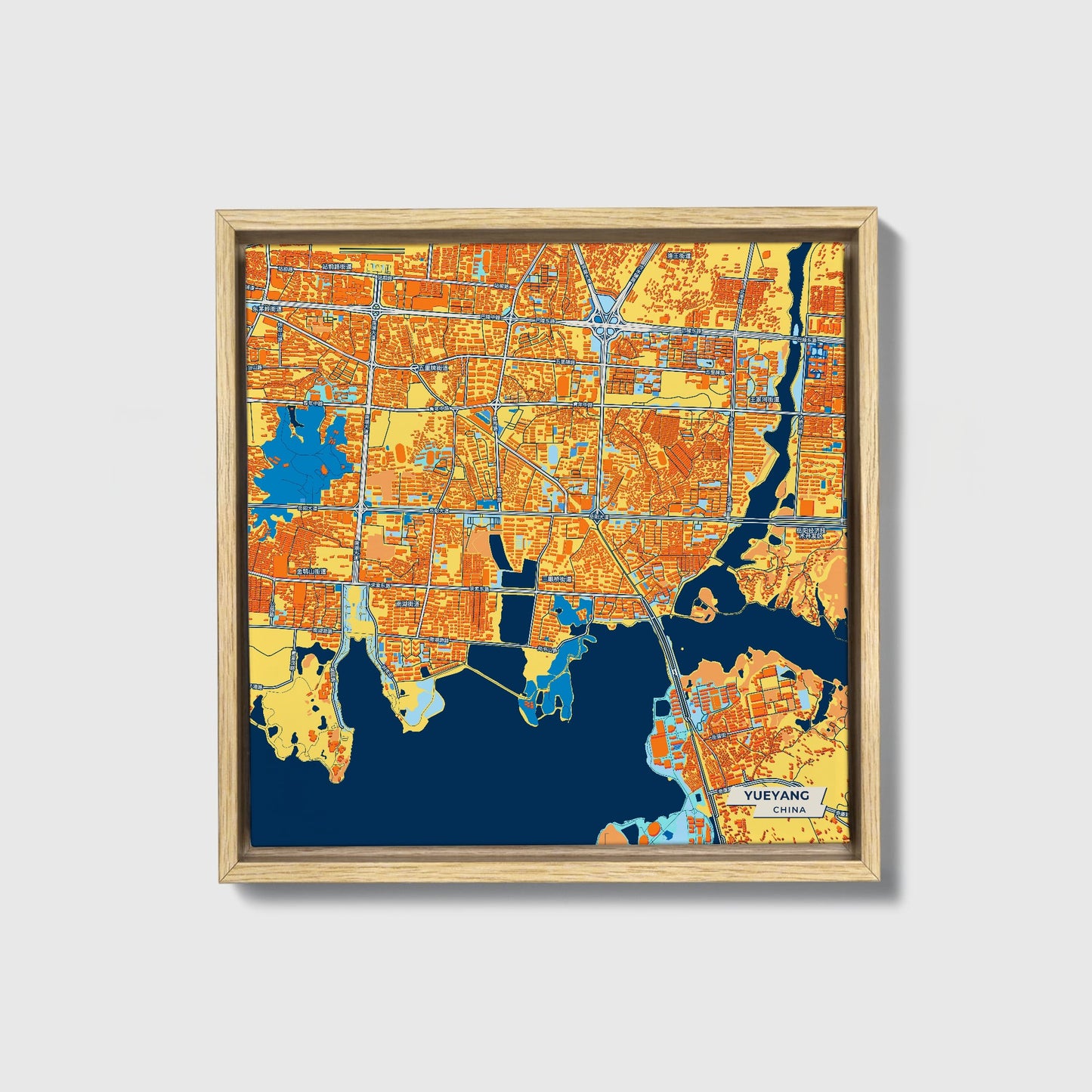 Yueyang China Colorful City Map Canvas Print • Natural Wooden Framed