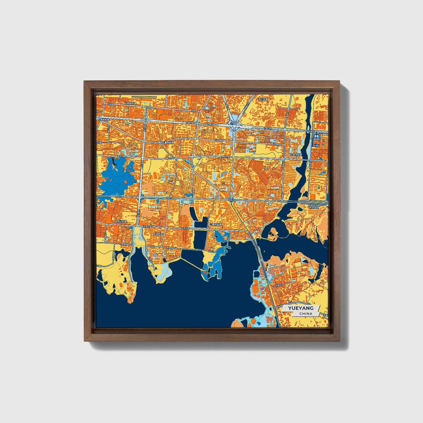 Yueyang China Colorful City Map Canvas Print • Dark Wooden Framed