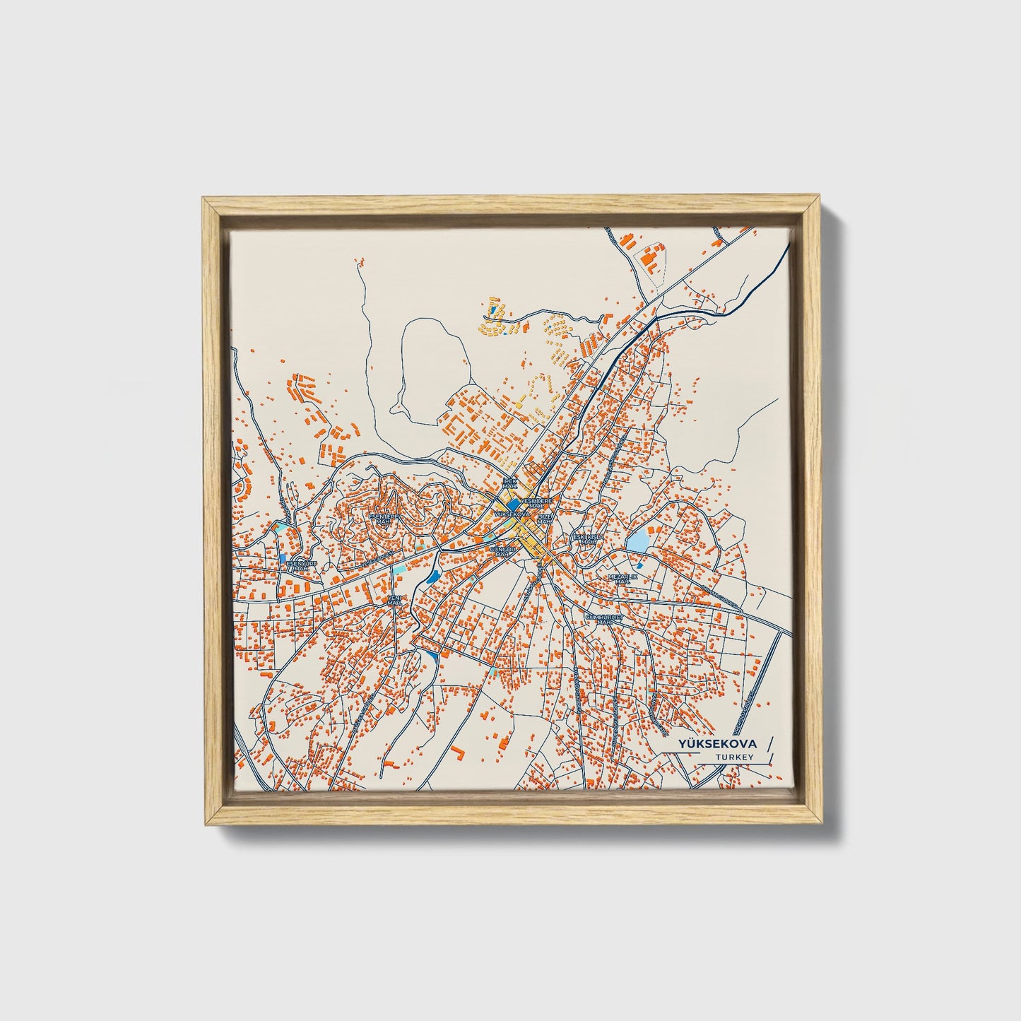 Yüksekova Turkey Colorful City Map Canvas Print • Natural Wooden Framed