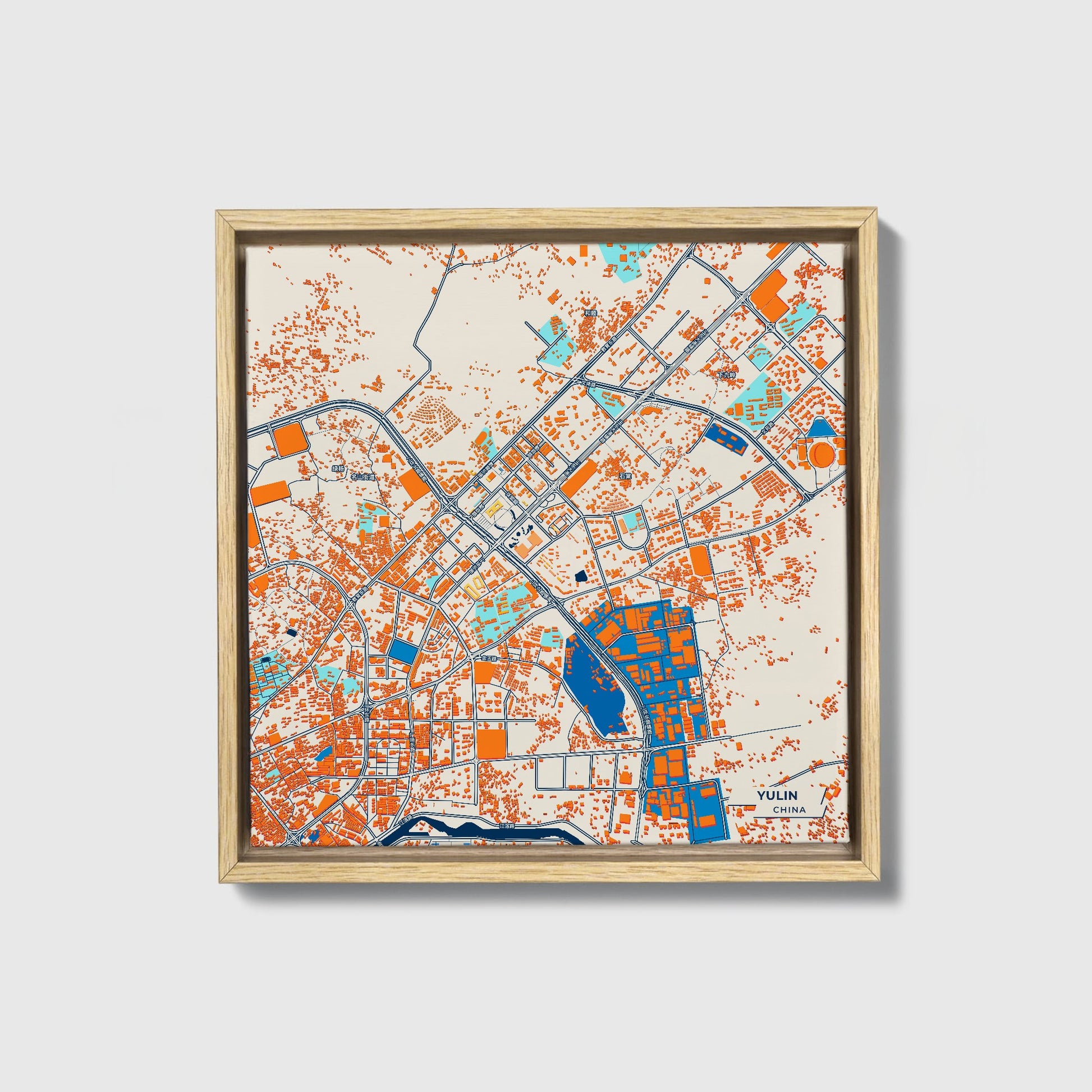 Yulin China Colorful City Map Canvas Print • Natural Wooden Framed