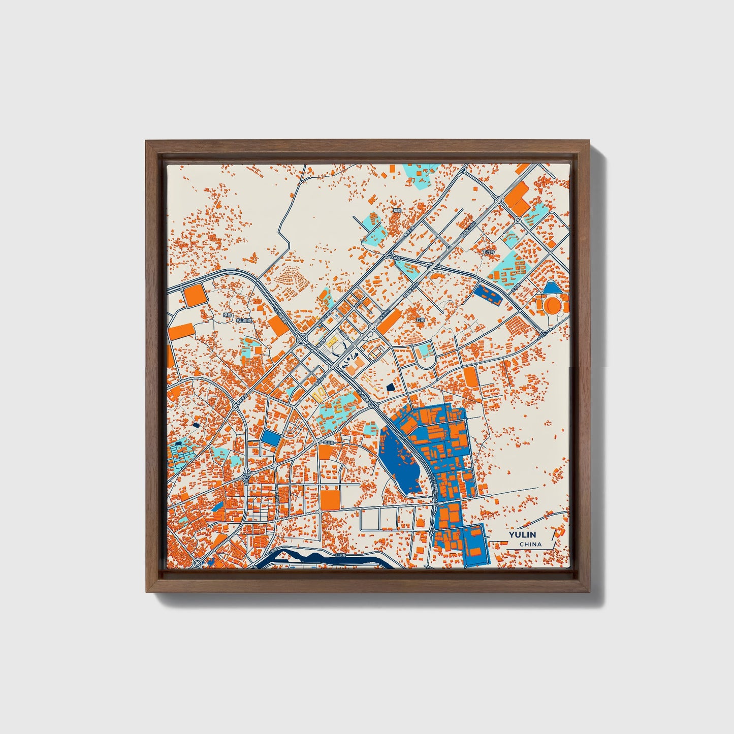 Yulin China Colorful City Map Canvas Print • Dark Wooden Framed