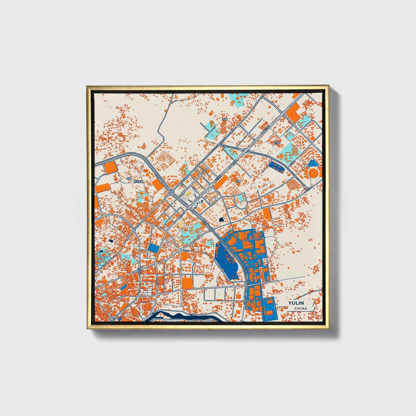 Yulin China Colorful City Map Canvas Print • Gold Framed
