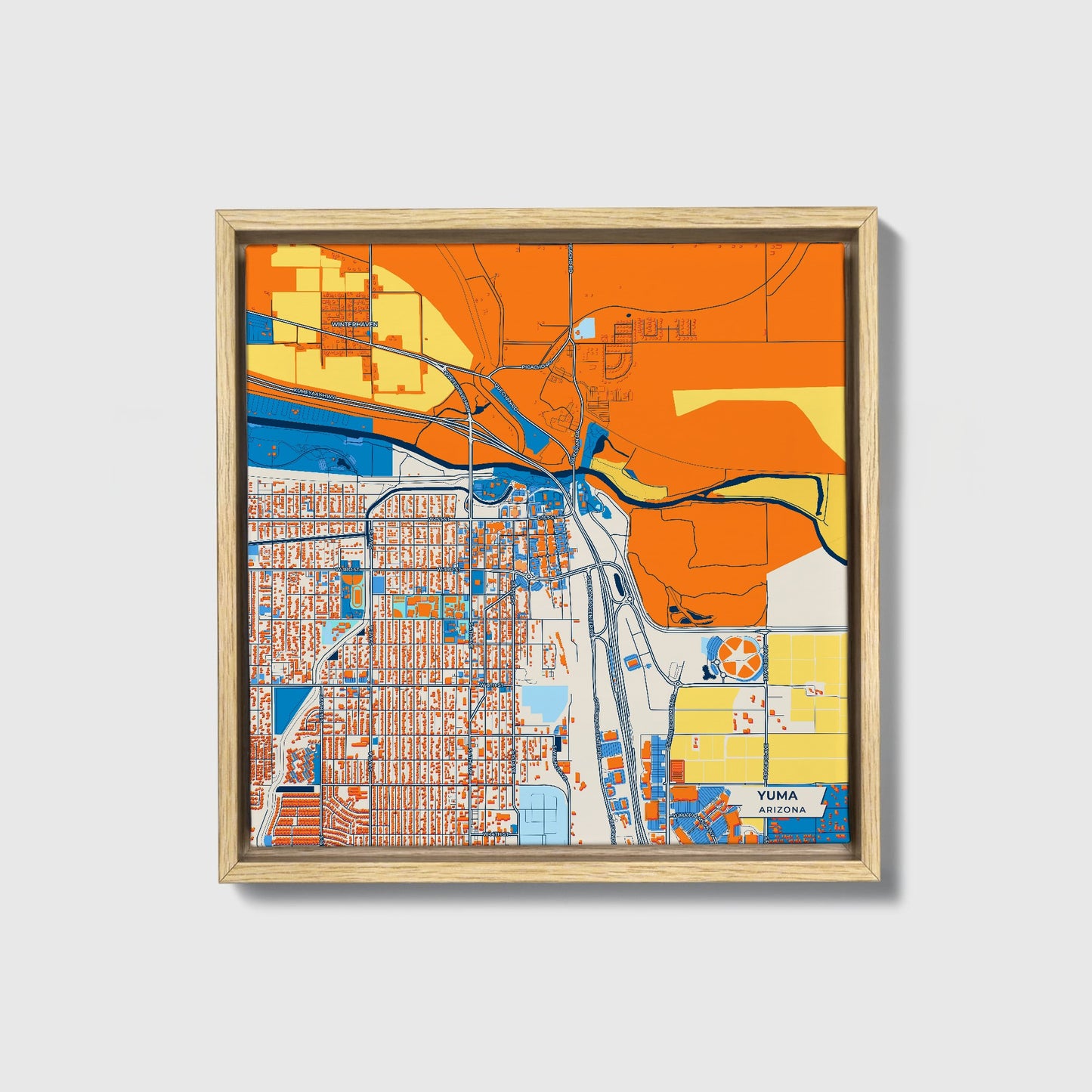 Yuma Arizona Colorful City Map Canvas Print • Natural Wooden Framed