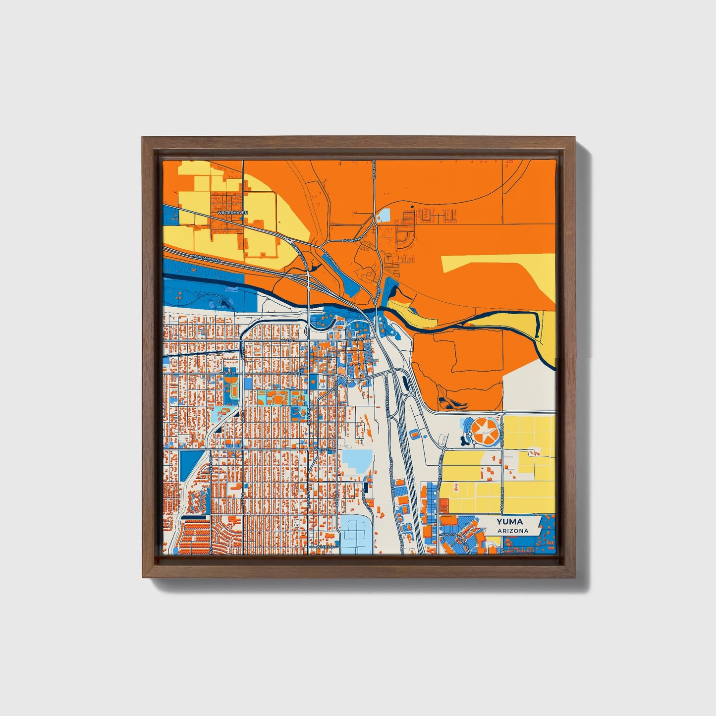 Yuma Arizona Colorful City Map Canvas Print • Dark Wooden Framed