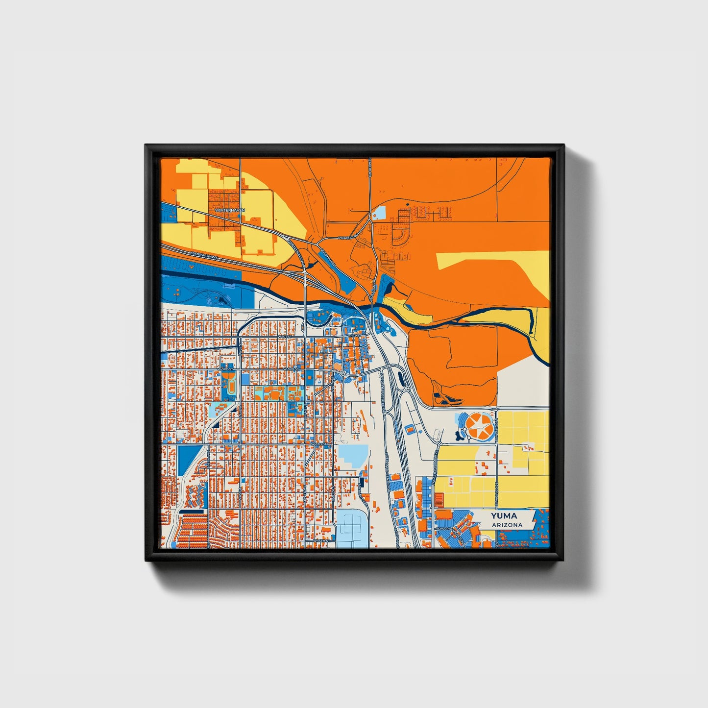 Yuma Arizona Colorful City Map Canvas Print • Black Framed