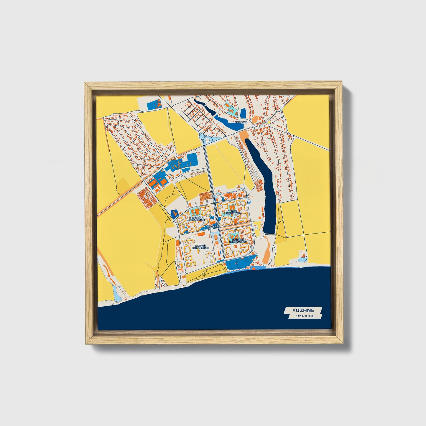 Южне Ukraine Colorful City Map Canvas Print • Natural Wooden Framed