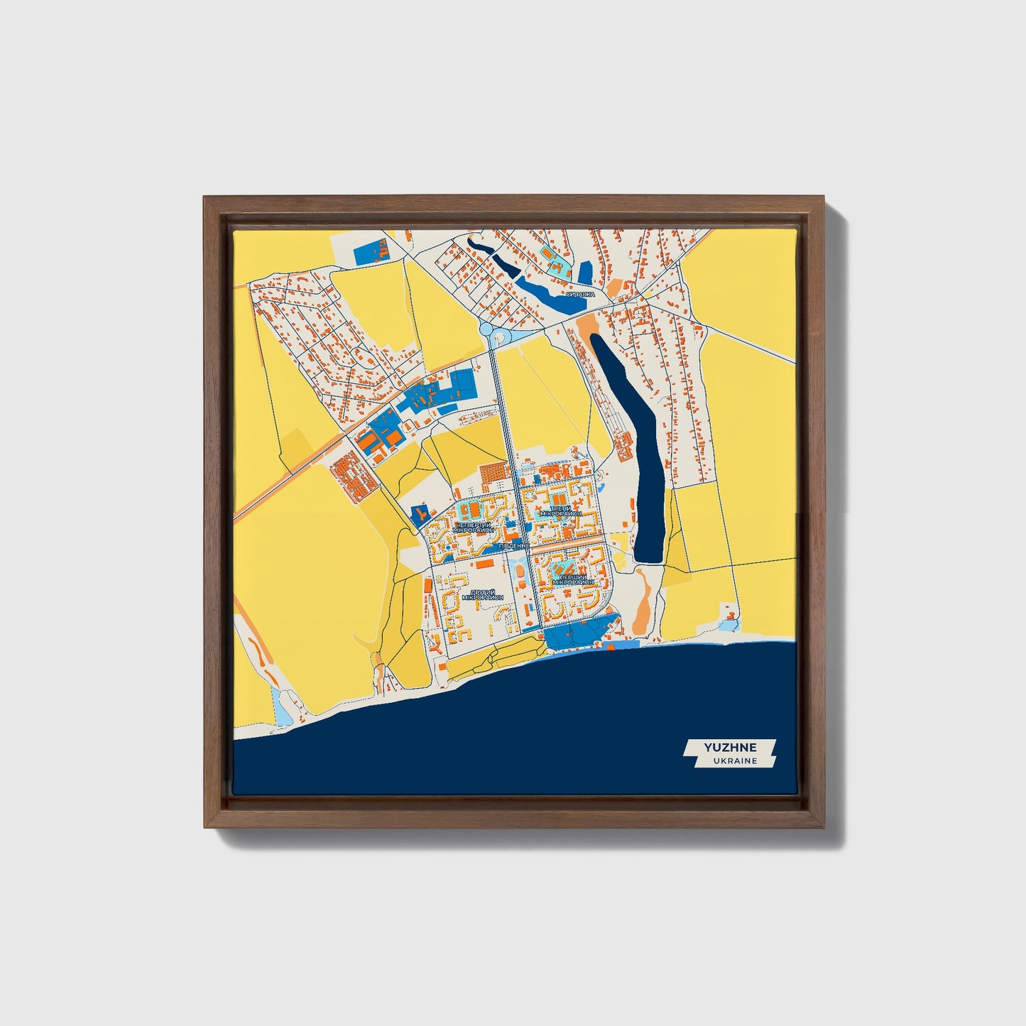 Южне Ukraine Colorful City Map Canvas Print • Dark Wooden Framed