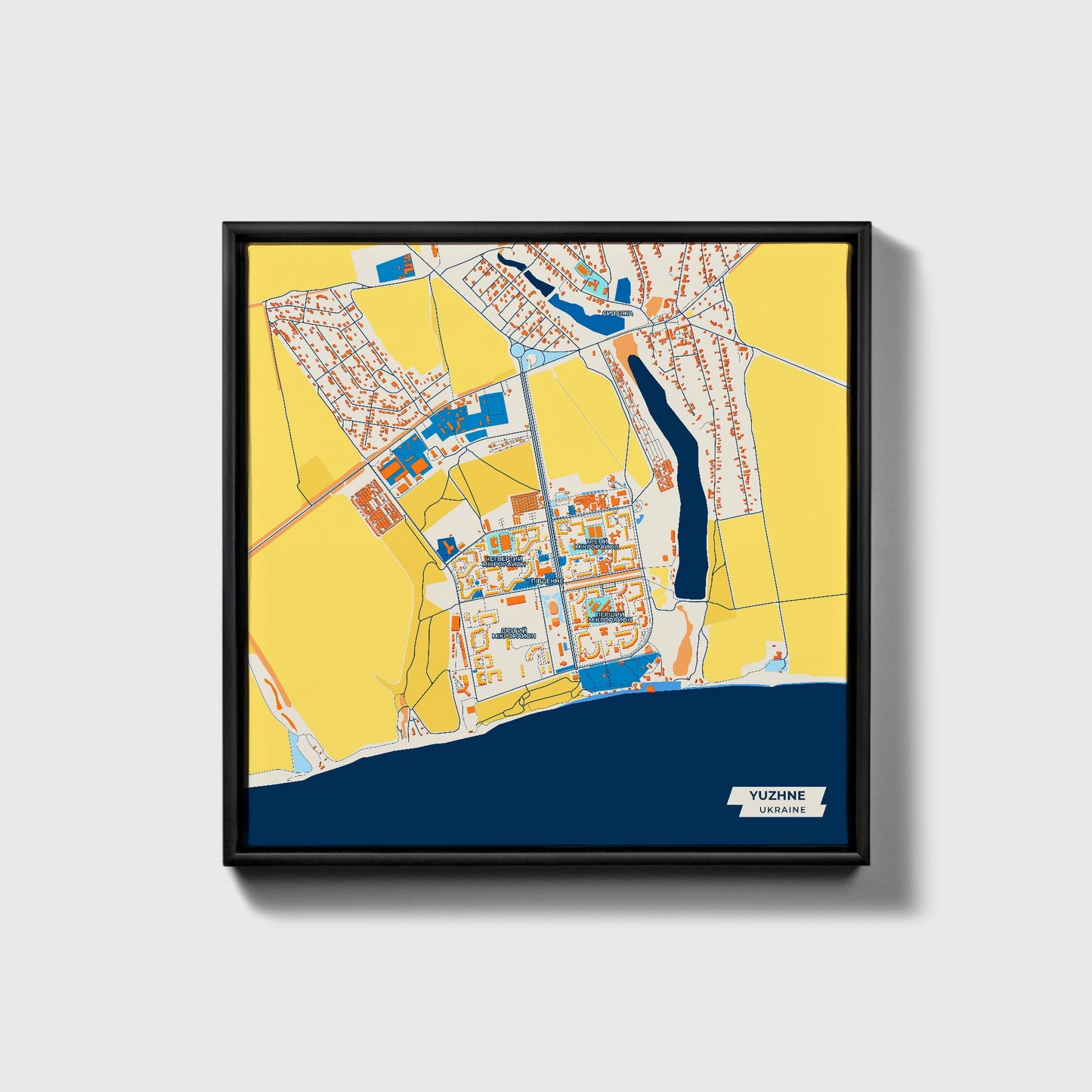 Южне Ukraine Colorful City Map Canvas Print • Black Framed