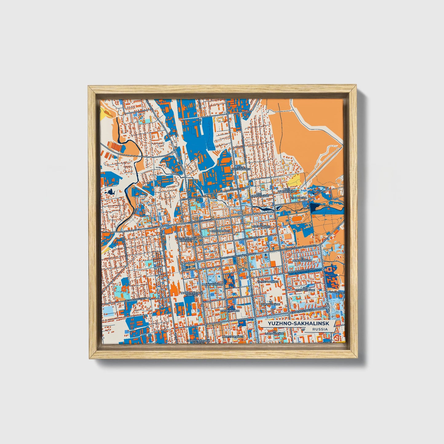 Южно-Сахалинск Russia Colorful City Map Canvas Print • Natural Wooden Framed