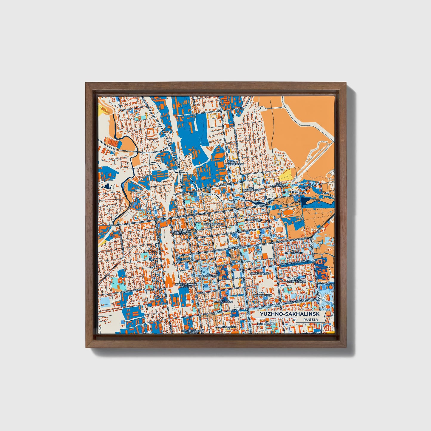 Южно-Сахалинск Russia Colorful City Map Canvas Print • Dark Wooden Framed