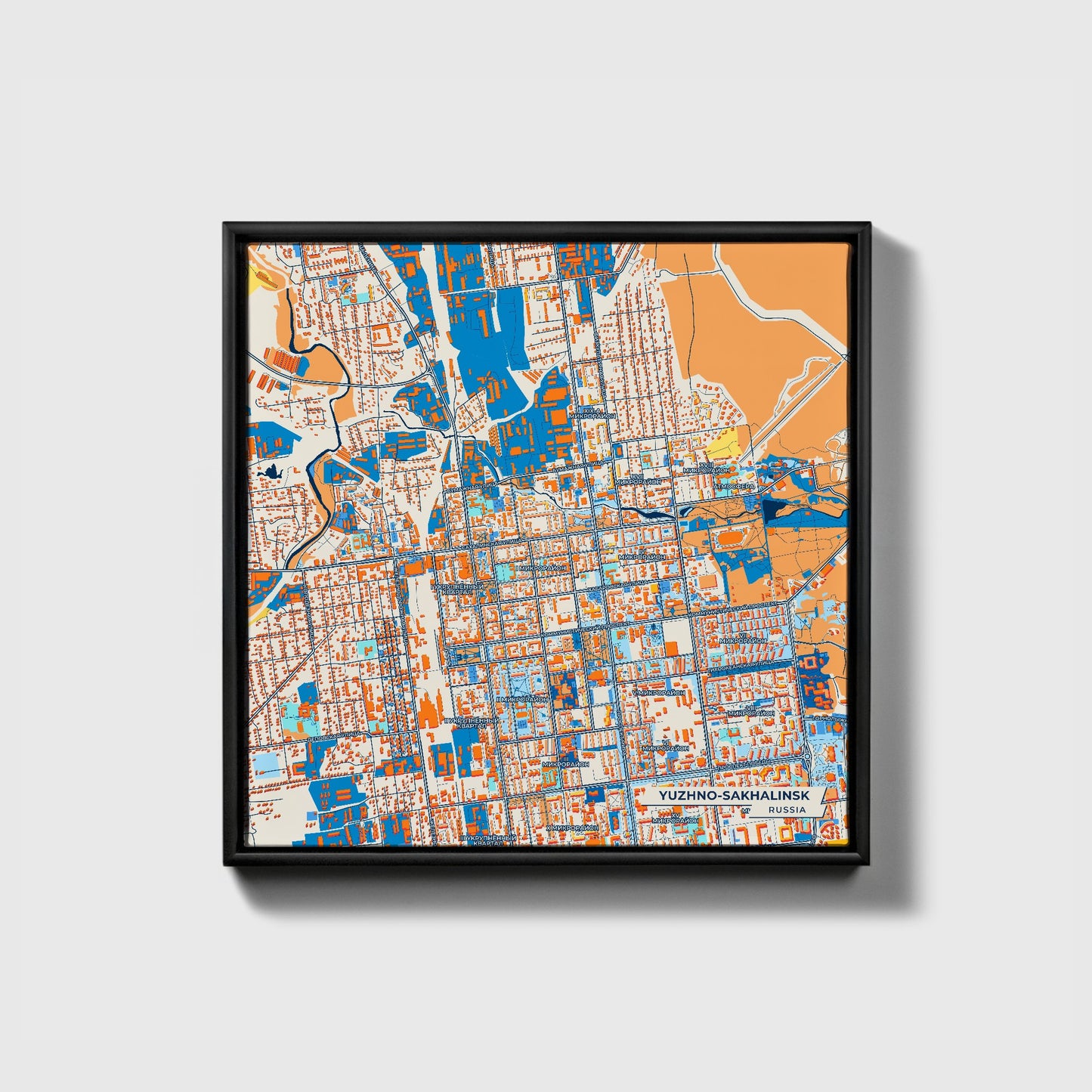 Южно-Сахалинск Russia Colorful City Map Canvas Print • Black Framed