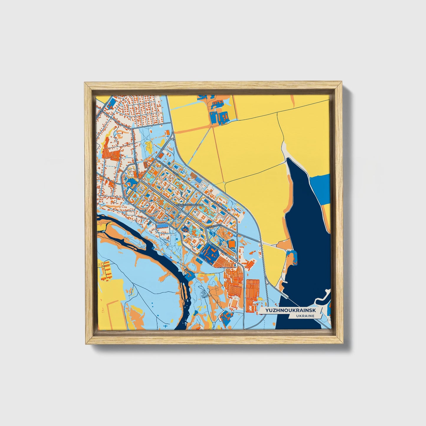 Южноукраїнськ Ukraine Colorful City Map Canvas Print • Natural Wooden Framed