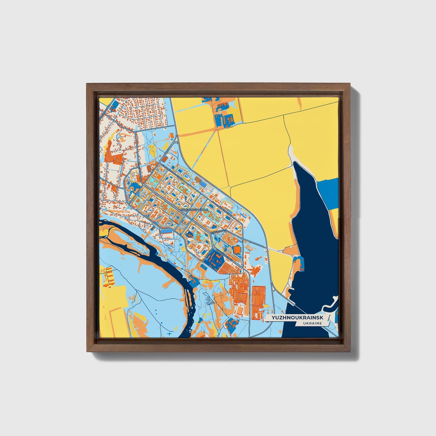 Южноукраїнськ Ukraine Colorful City Map Canvas Print • Dark Wooden Framed