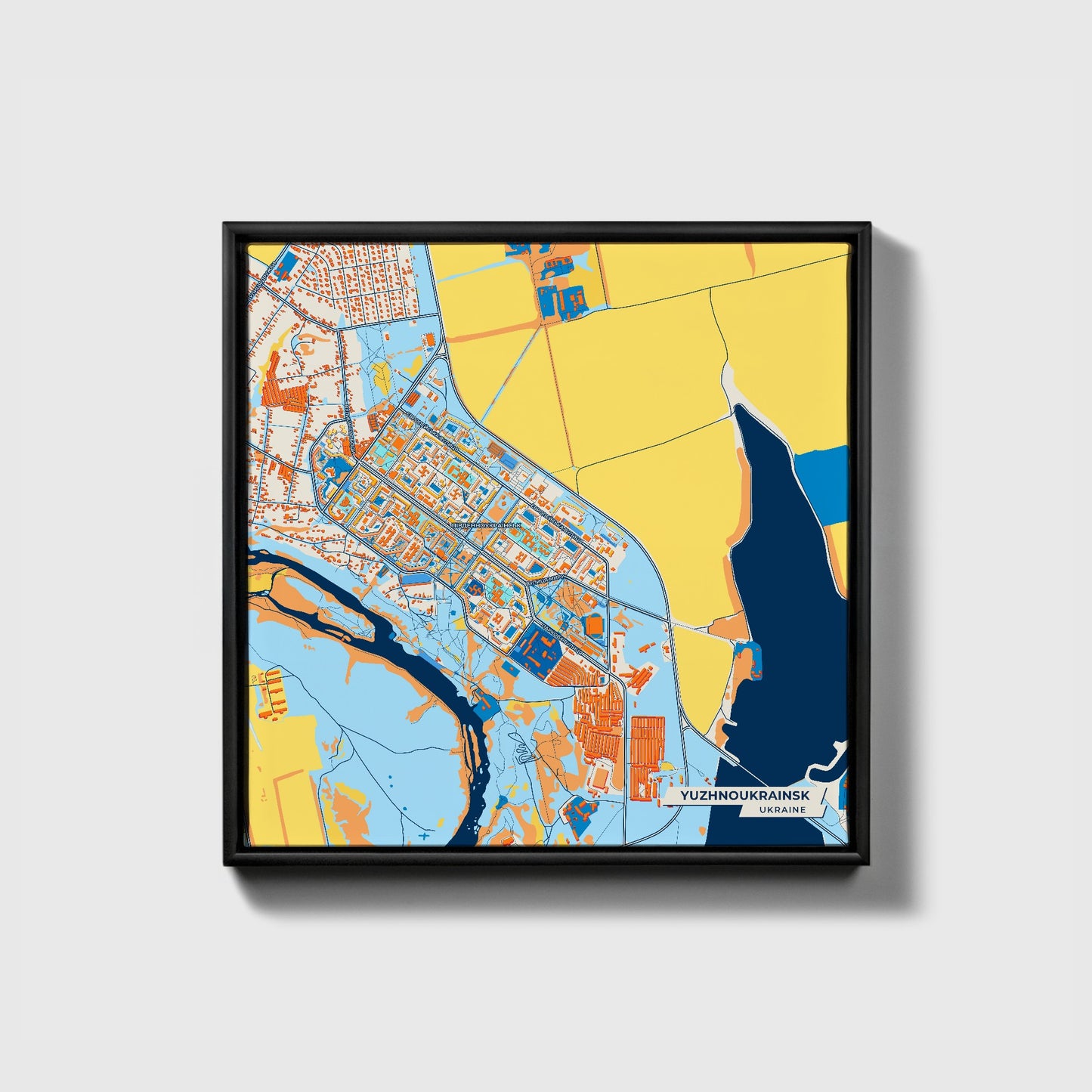 Южноукраїнськ Ukraine Colorful City Map Canvas Print • Black Framed