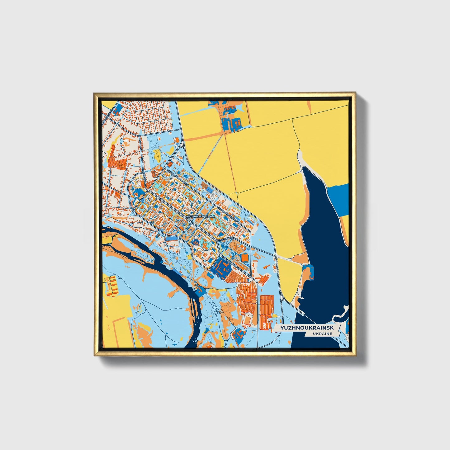 Южноукраїнськ Ukraine Colorful City Map Canvas Print • Gold Framed