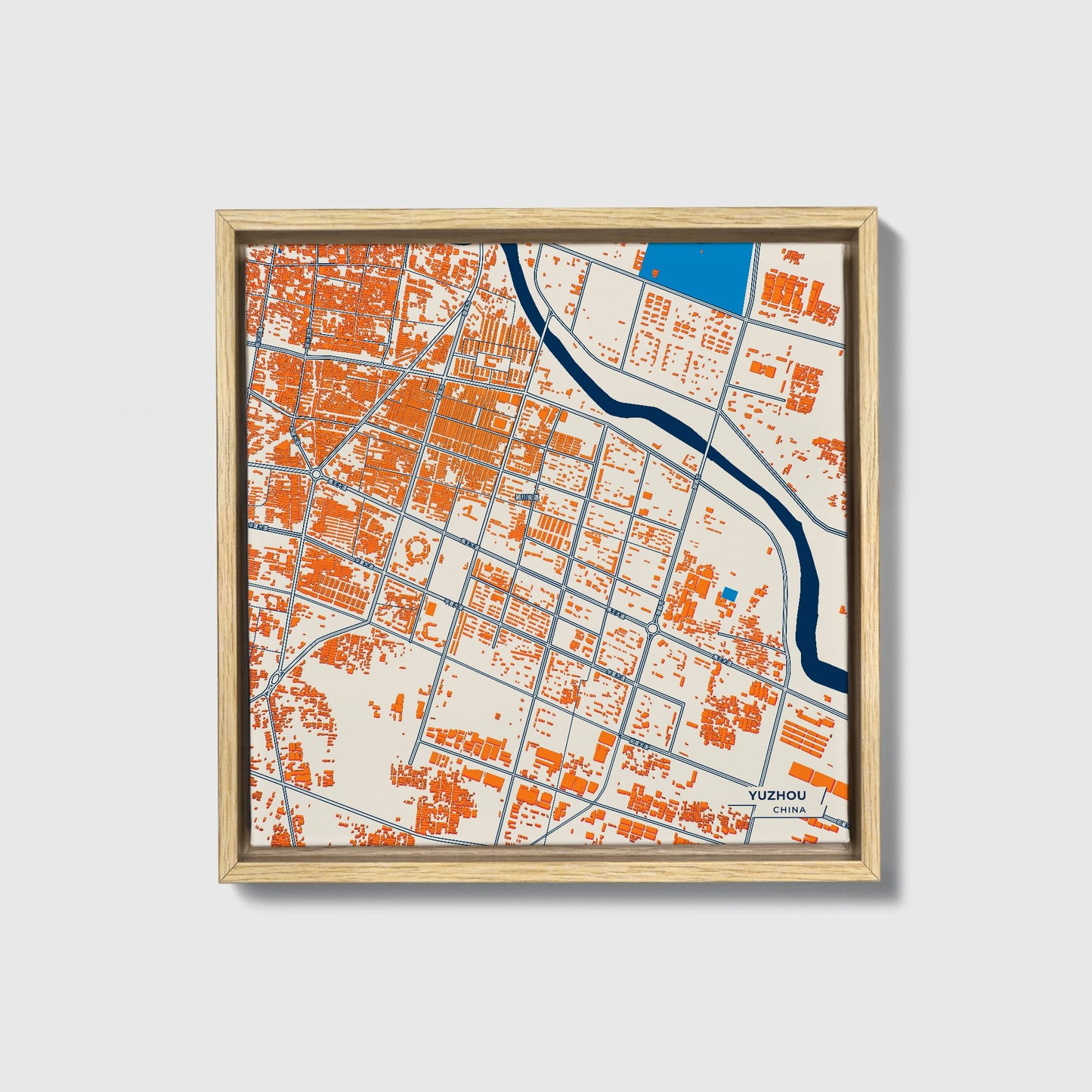 Yuzhou China Colorful City Map Canvas Print • Natural Wooden Framed