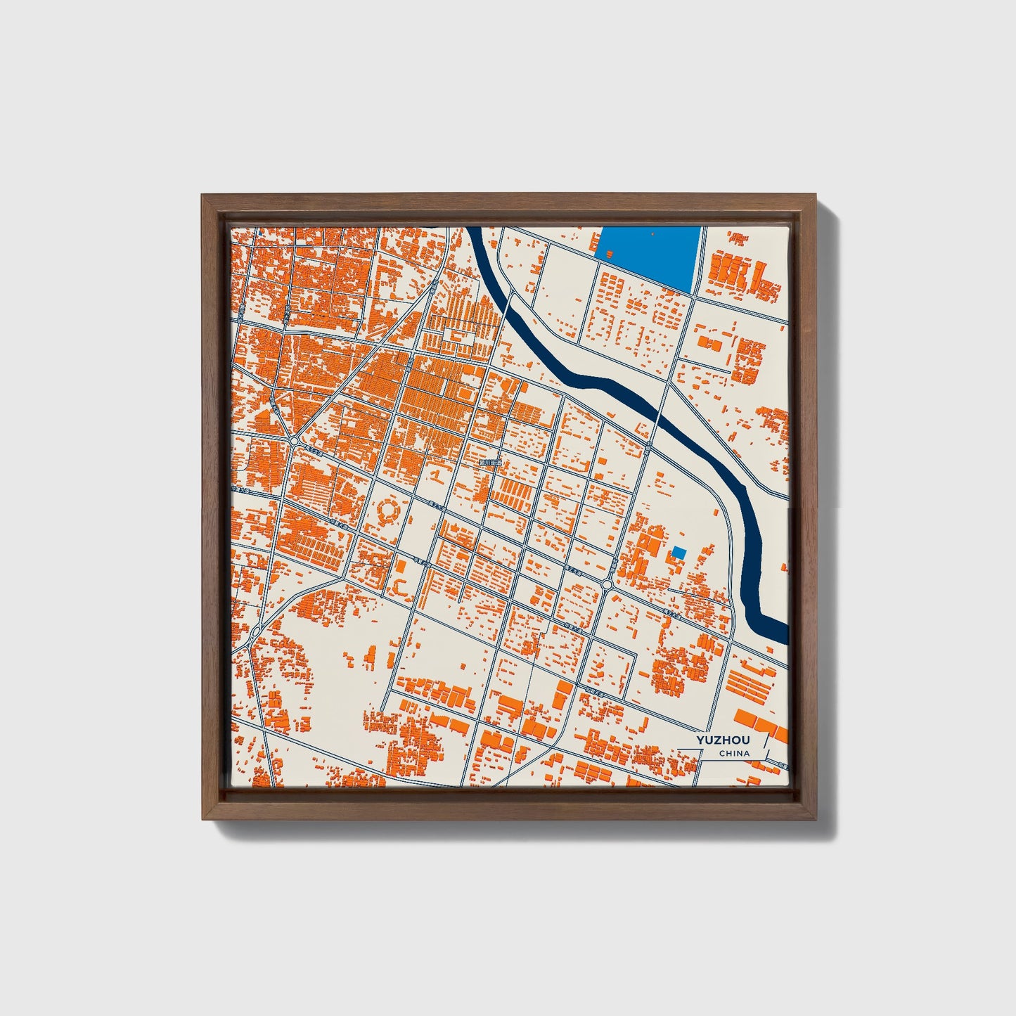 Yuzhou China Colorful City Map Canvas Print • Dark Wooden Framed