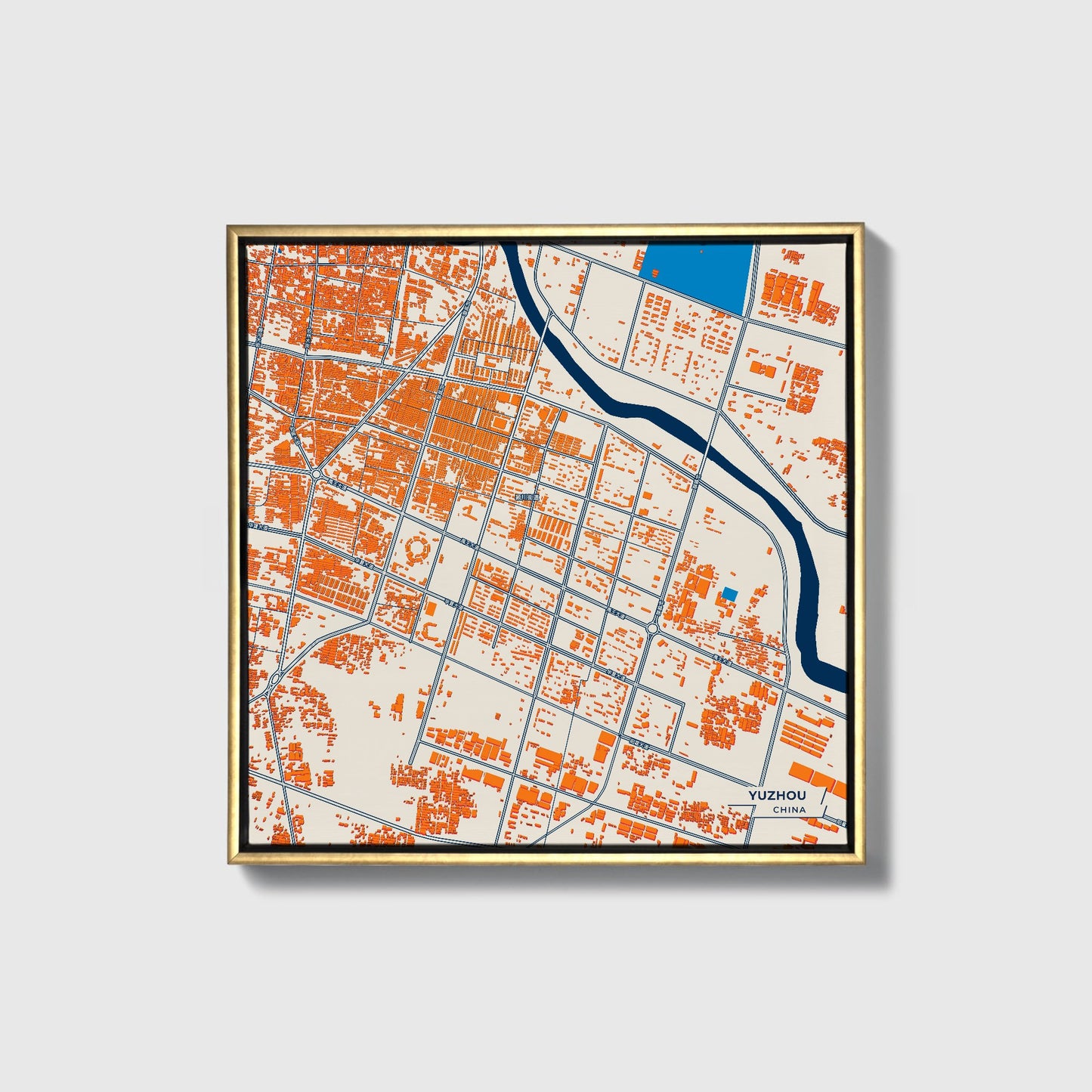 Yuzhou China Colorful City Map Canvas Print • Gold Framed