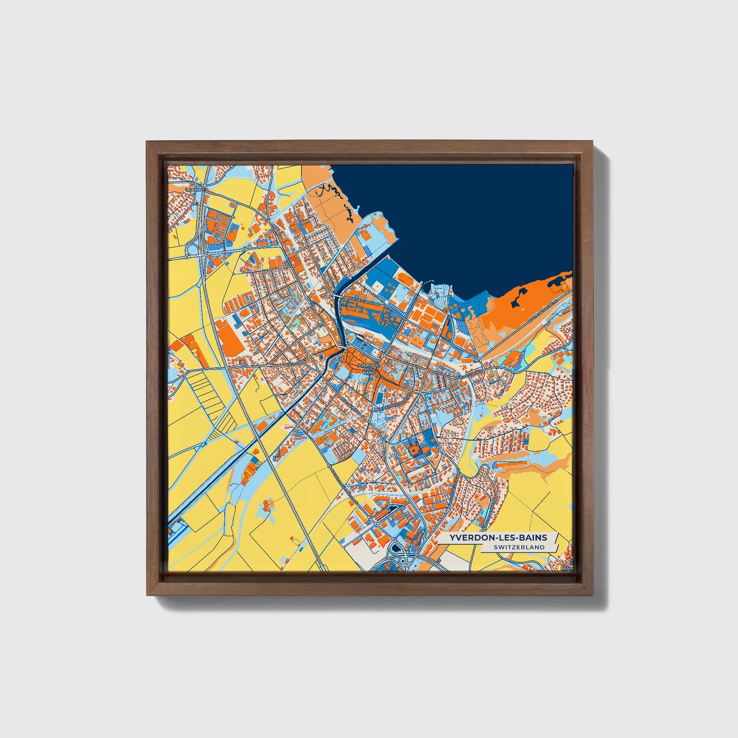 Yverdon-Les-Bains Switzerland Colorful City Map Canvas Print • Dark Wooden Framed