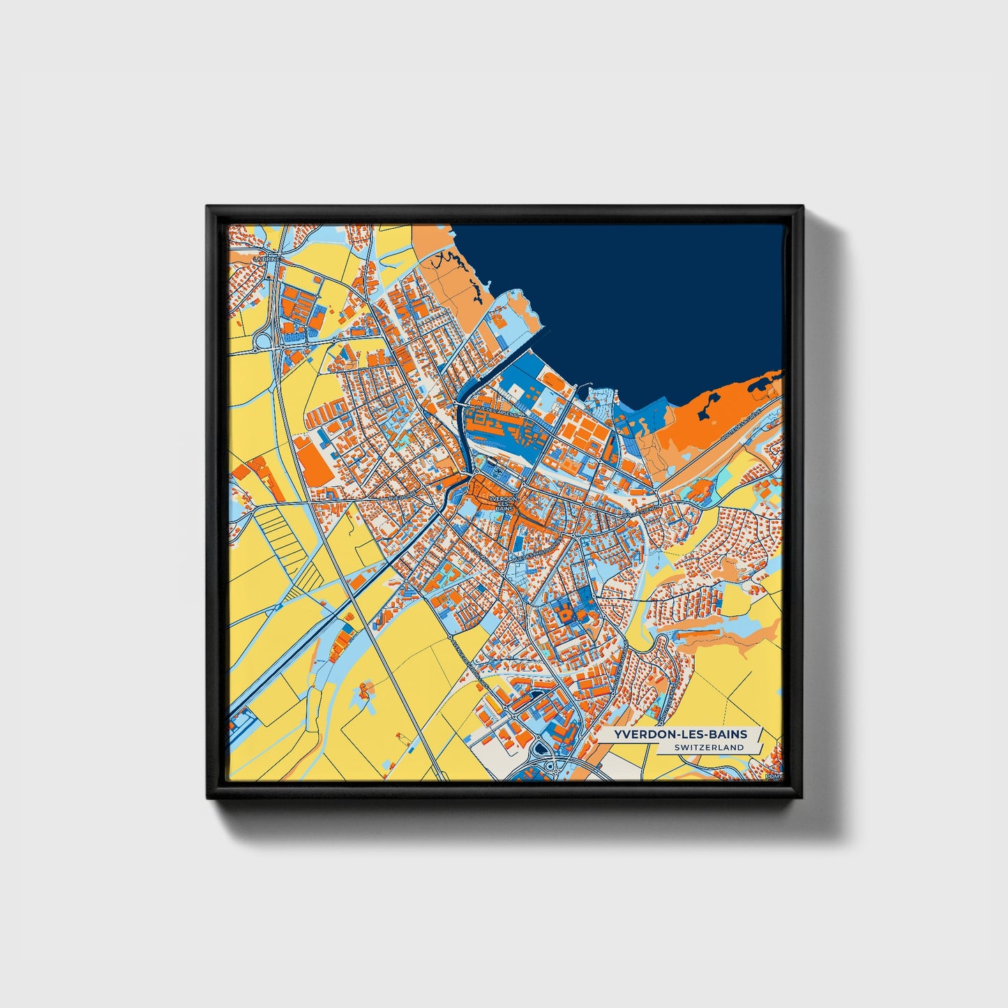 Yverdon-Les-Bains Switzerland Colorful City Map Canvas Print • Black Framed